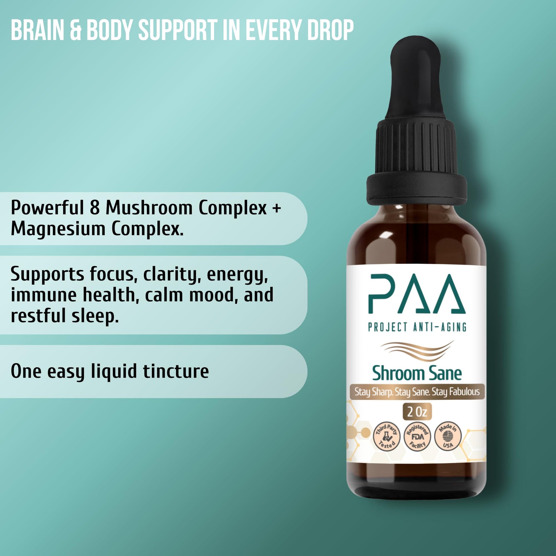 Project Anti-Aging Shroom Sane Liquid Drops with Lion’s Mane Mushroom Supplement Drops – 8 Mushroom Complex Tincture with Reishi, Cordyceps, Turkey Tail & Magnesium – USDA Organic, Vegan, Project Anti-Aging Au supplements