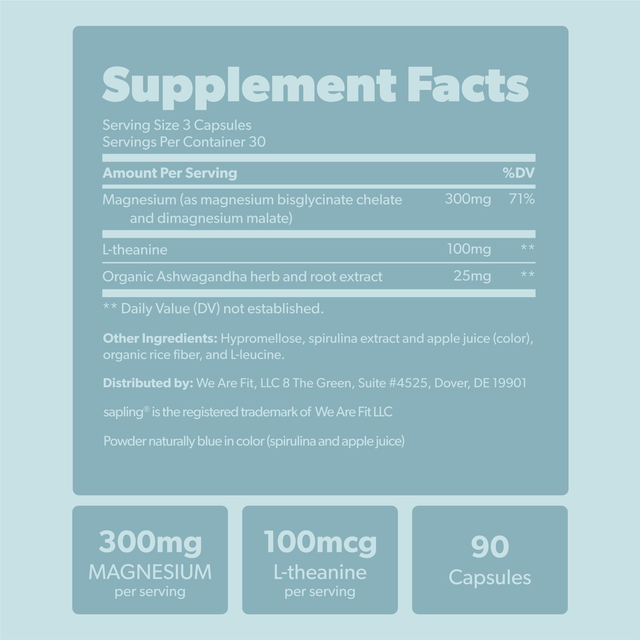 Magnesium Glycinate Complex Supplement - Chelated Magnesium Glycinate with Malate, Organic Ashwagandha, L-theanine & Blue Spirulina - High Absorption, Vegan, Non-GMO, 300mg, 90 Veggie Caps sapling Au supplements