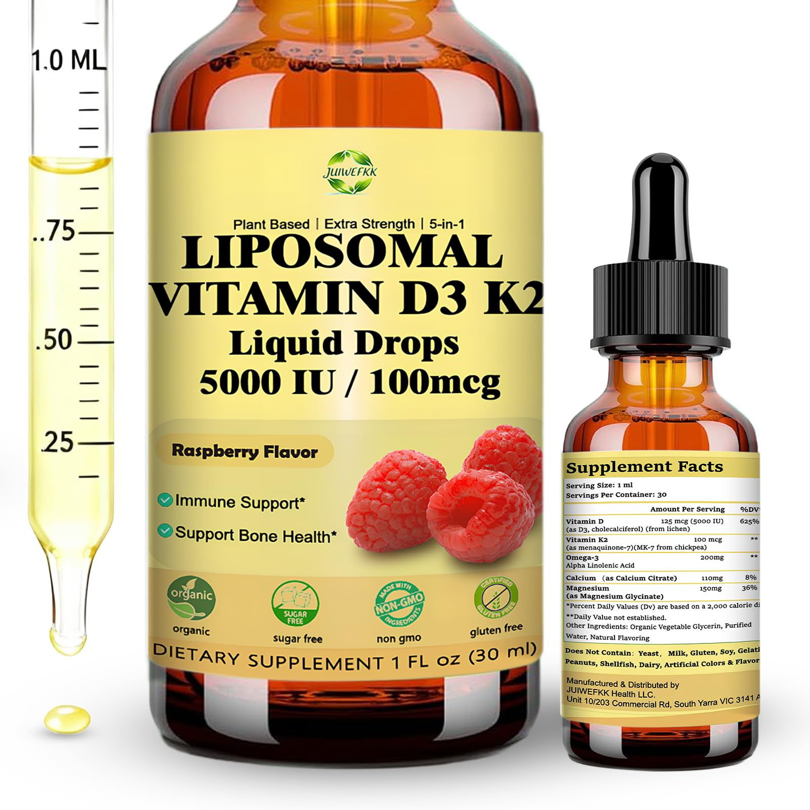 Liquid Vitamin D3 K2 Drops with Calcium Magnesium Omega3, High Potency 5-in-1 D3 K2 Vitamin 5000 IU Supplement for Bone Health, Heart Teeth & Immue, Ultra High Absorption Liposomal D3K2 Plant-Based JUIWEFKK Au supplements