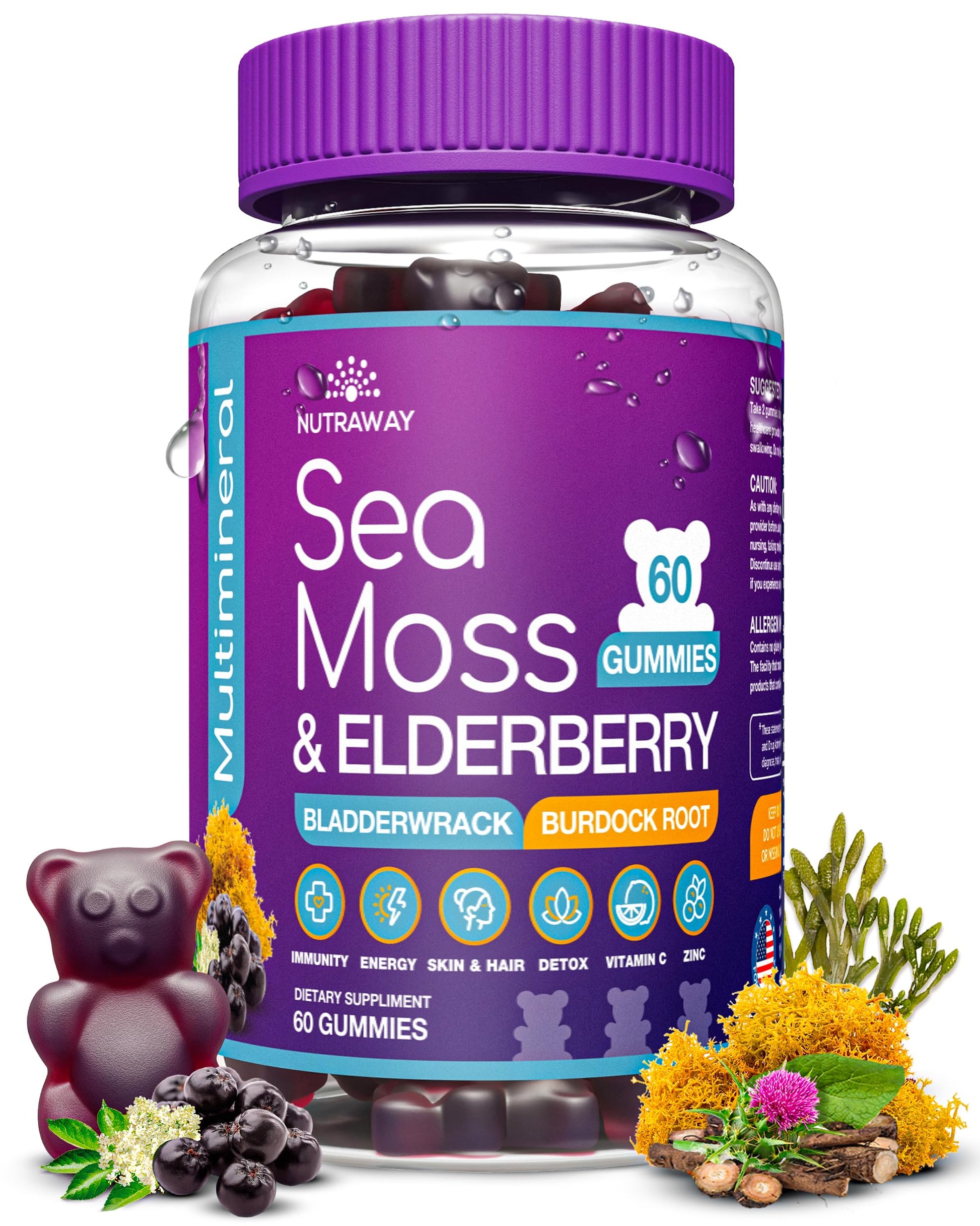 NUTRAWAY LABS Sea Moss Gummies with Elderberry, Vitamin C & Zinc - 102 Minerals from Irish Sea Moss, Bladderwrack & Burdock Root for Immune Support - Vegan Seamoss Supplement (Pack of 1) NUTRAWAY LABS Au supplements
