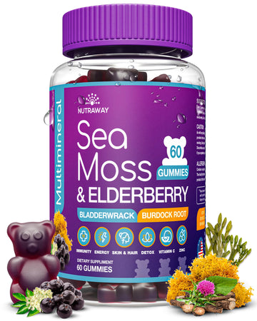 NUTRAWAY LABS Sea Moss Gummies with Elderberry, Vitamin C & Zinc - 102 Minerals from Irish Sea Moss, Bladderwrack & Burdock Root for Immune Support - Vegan Seamoss Supplement (Pack of 1) NUTRAWAY LABS Au supplements