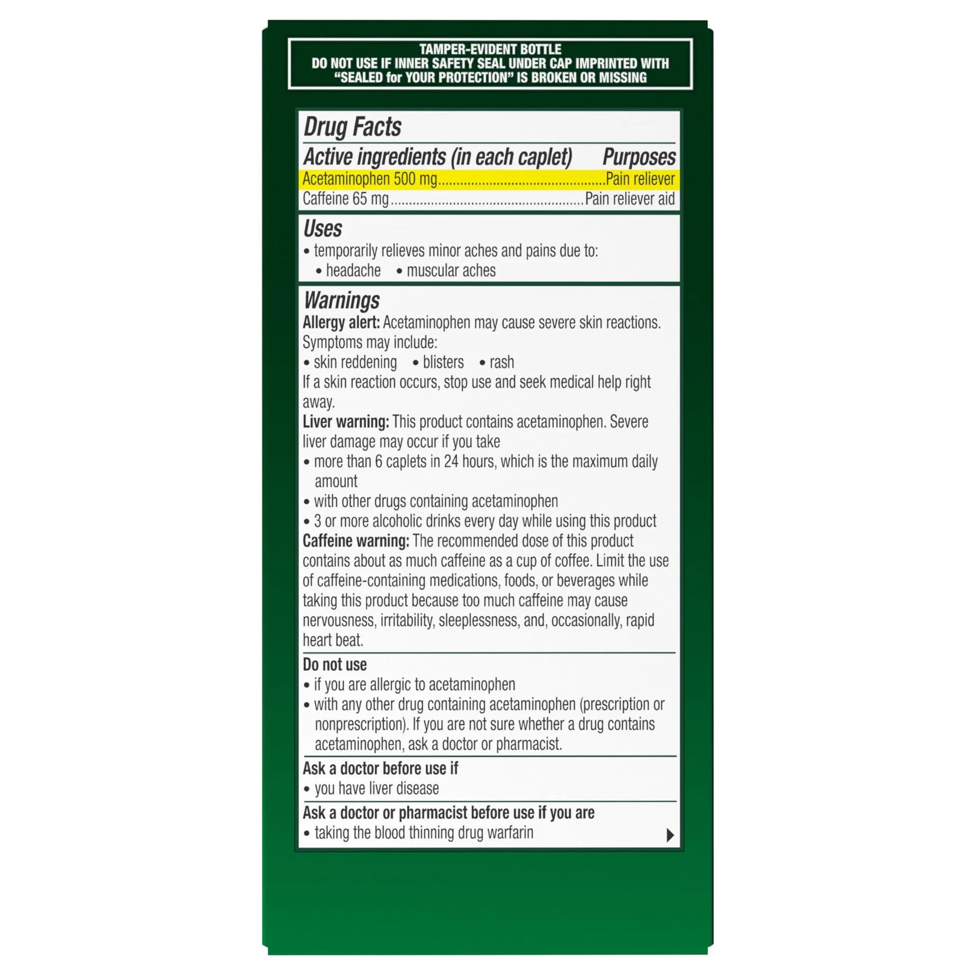 Excedrin Tension Headache Relief Caplets, Acetaminophen 500mg, Caffeine 65mg, Pain Reliever, Aspirin-Free, 100 Count Excedrin Au supplements