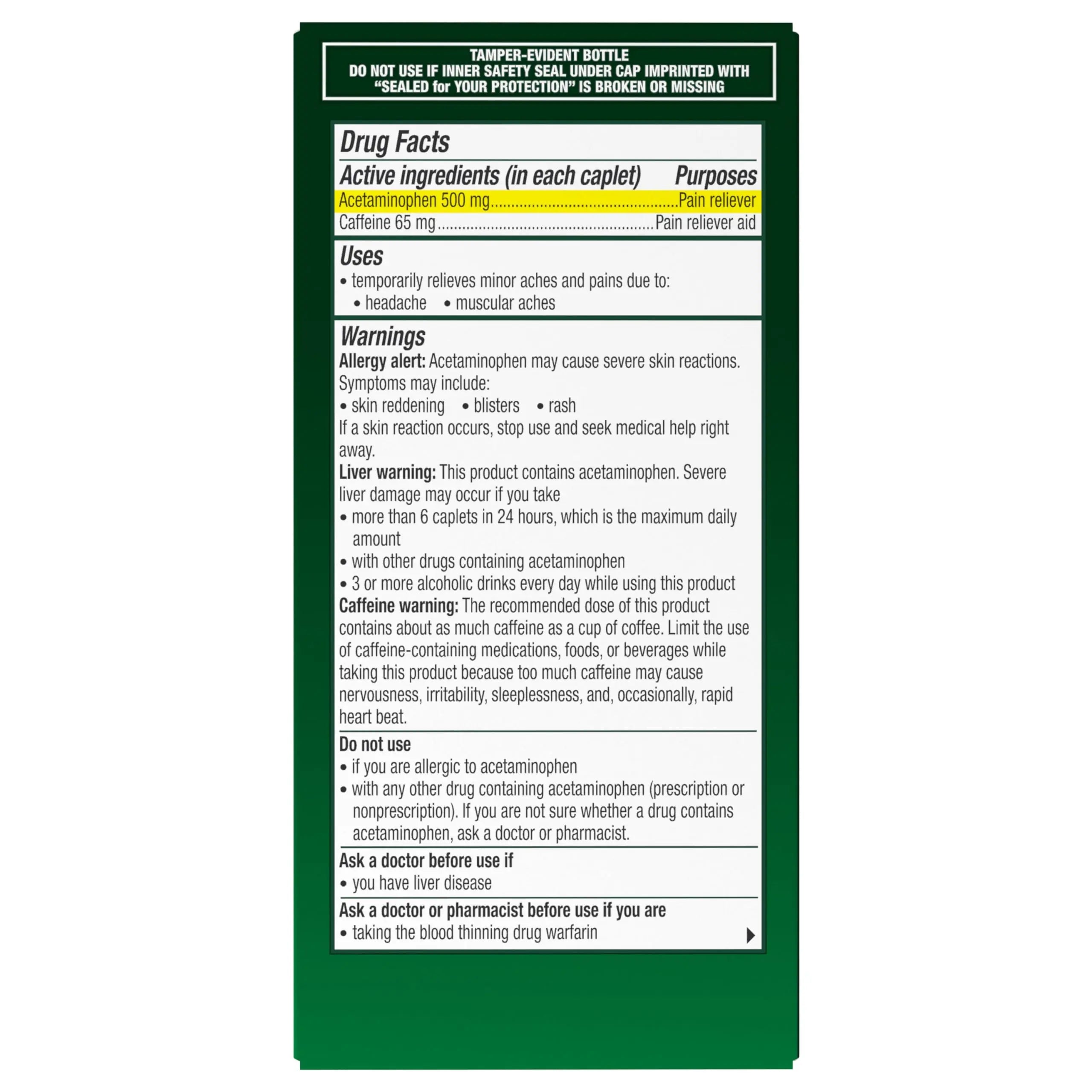 Excedrin Tension Headache Relief Caplets, Acetaminophen 500mg, Caffeine 65mg, Pain Reliever, Aspirin-Free, 100 Count Excedrin Au supplements