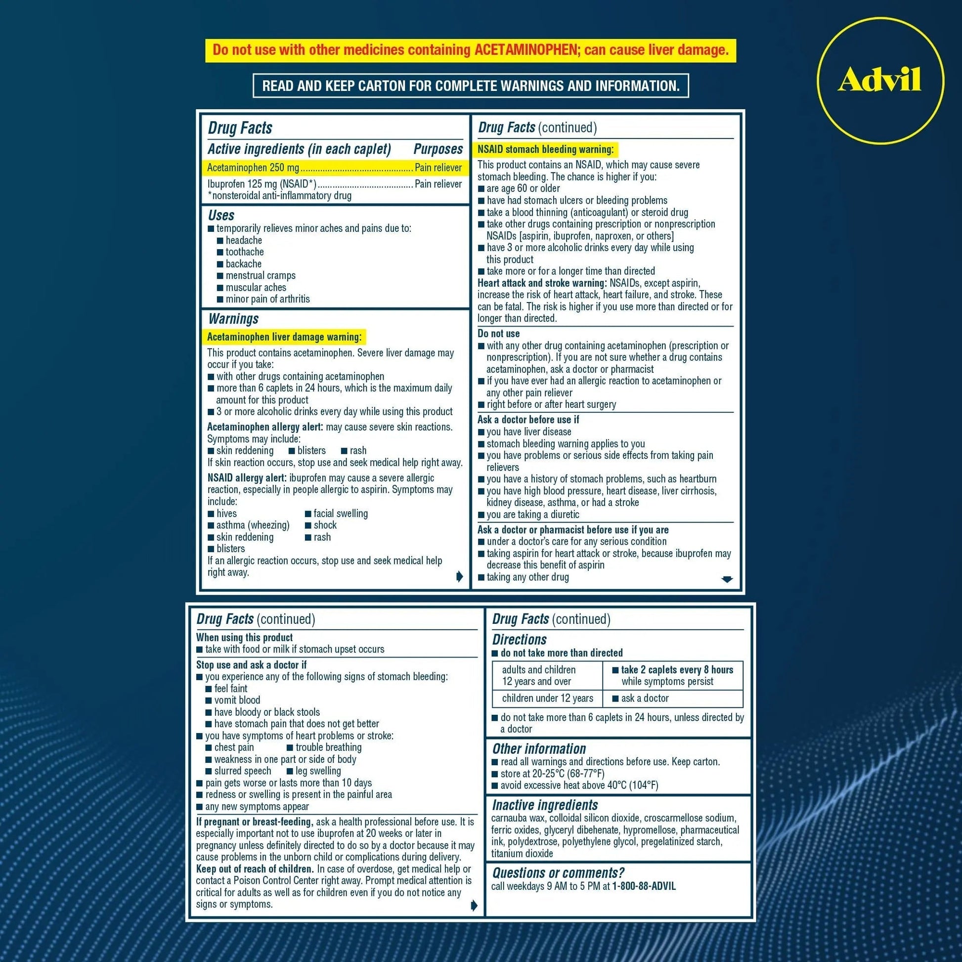 Advil Dual Action Coated Caplets, 125 Mg Ibuprofen and 250 Mg Acetaminophen per Dose (2 Dose Equivalent) for 8 Hour Pain Relief - 216 Count Advil Au supplements