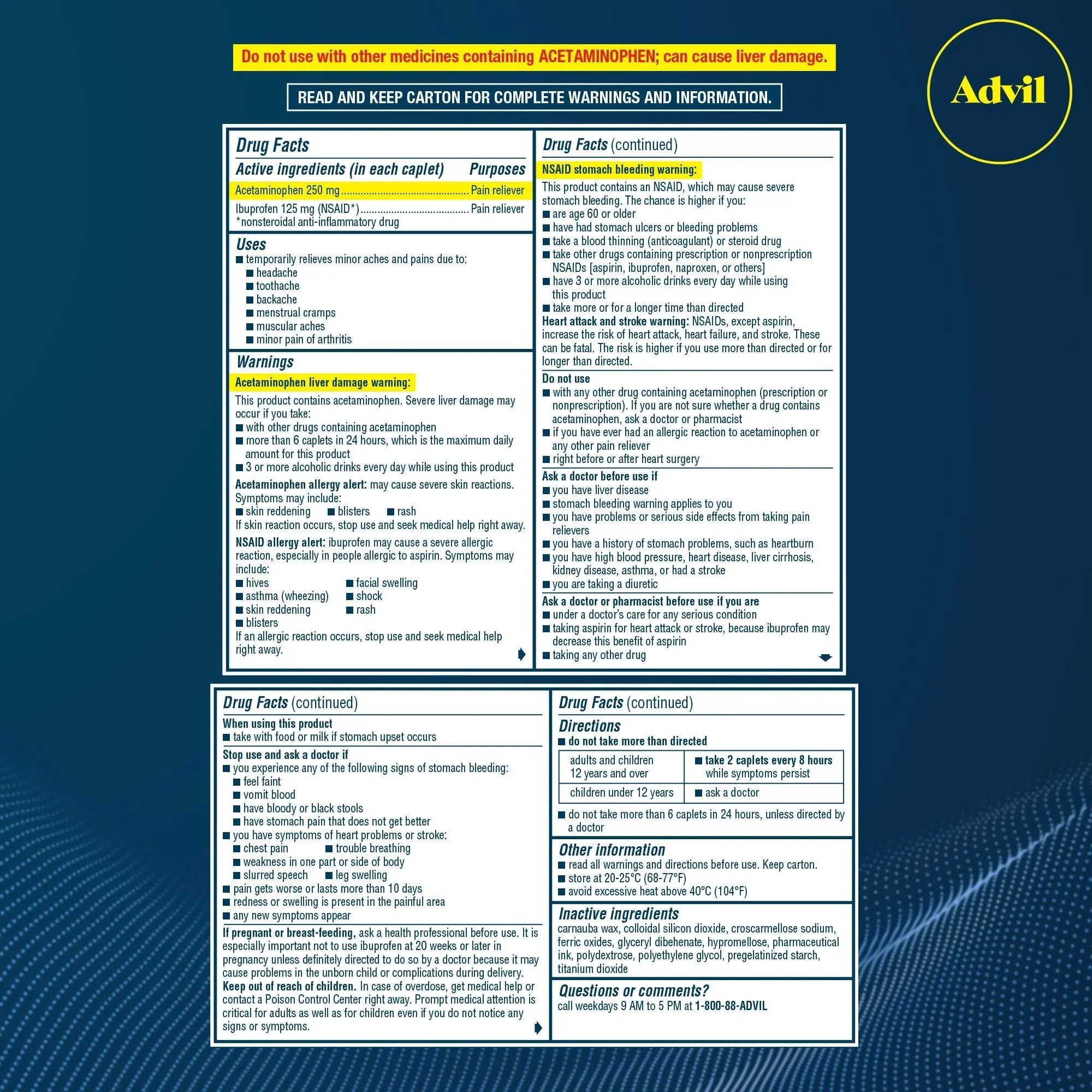 Advil Dual Action Coated Caplets, 125 Mg Ibuprofen and 250 Mg Acetaminophen per Dose (2 Dose Equivalent) for 8 Hour Pain Relief - 216 Count Advil Au supplements