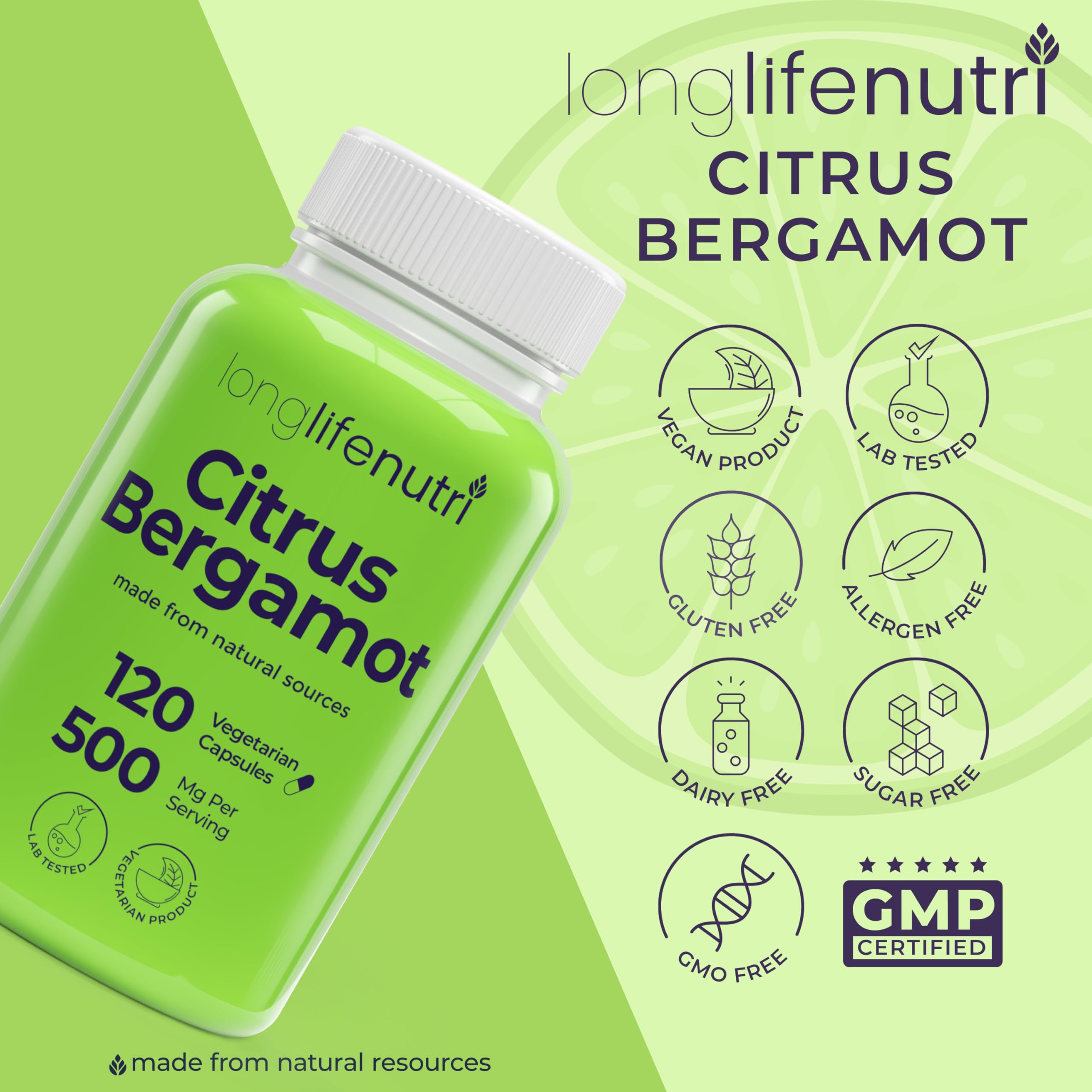 LongLifeNutri Citrus Bergamot Extract 500mg - 120 Vegetarian Capsules, 40% Polyphenolic Flavanones, 4-Month Supply, Plant-Based Anti-Oxidant, Tested, Made in USA LongLifeNutri Au supplements