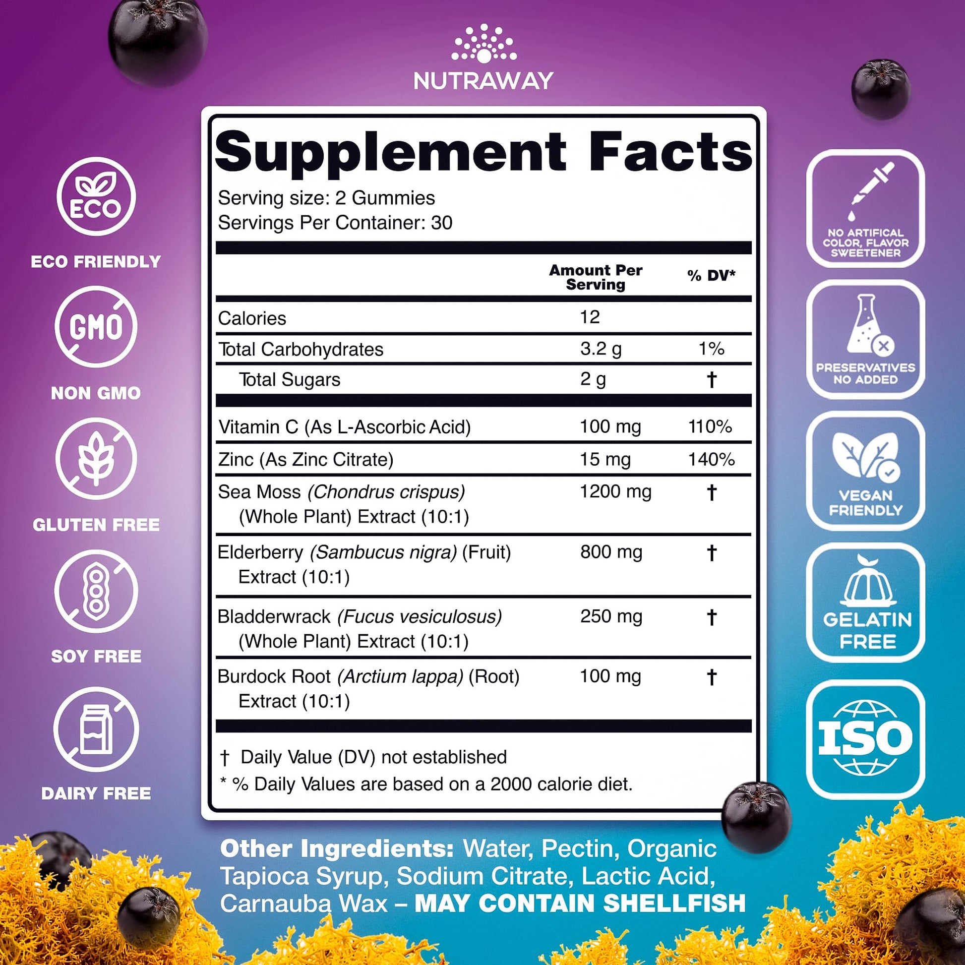 NUTRAWAY LABS Sea Moss Gummies with Elderberry, Vitamin C & Zinc - 102 Minerals from Irish Sea Moss, Bladderwrack & Burdock Root for Immune Support - Vegan Seamoss Supplement (Pack of 1) NUTRAWAY LABS Au supplements