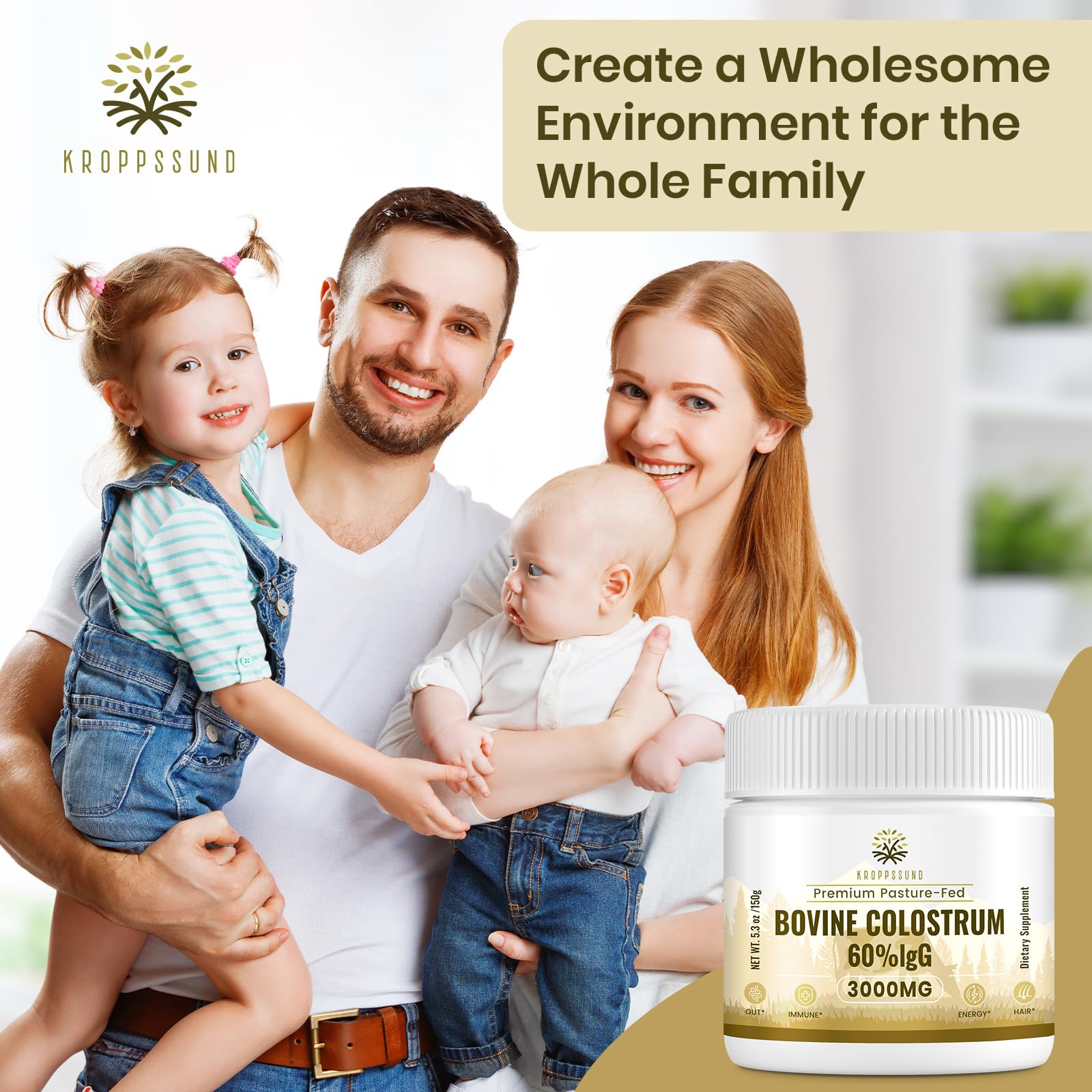 Kroppssund Bovine Colostrum Powder Supplement 3000 mg - Extra High 60% IgG Bovine Colostrum - Gut, Bone, Exercise, Immune - 50 Servings (1 Bottle) Kroppssund Au supplements