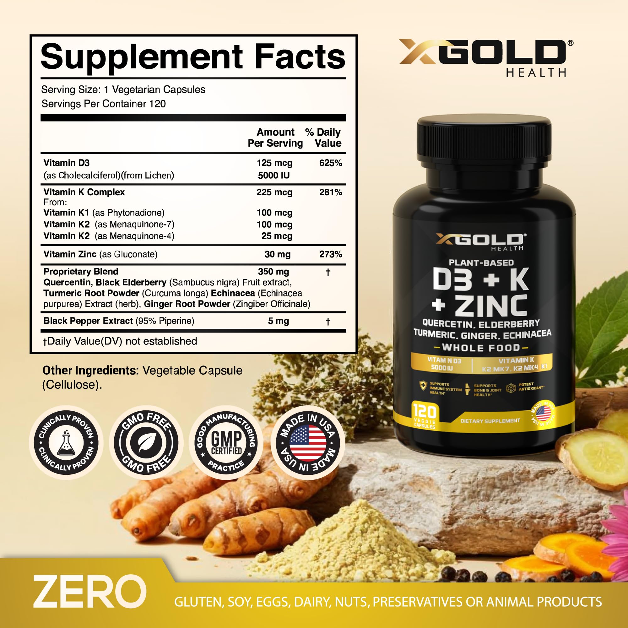 Vitamin D, K2, K1, Zinc, Quercetin, Elderberry, Turmeric, Ginger & Echinacea Whole Food Supplement 8 in 1- D3 5000 IU Plant-Based from Lichen, Vitamin K (K2 MK7, MK4, K1), D3 K2 Vitamins -120 Capsules X Gold Health Au supplements