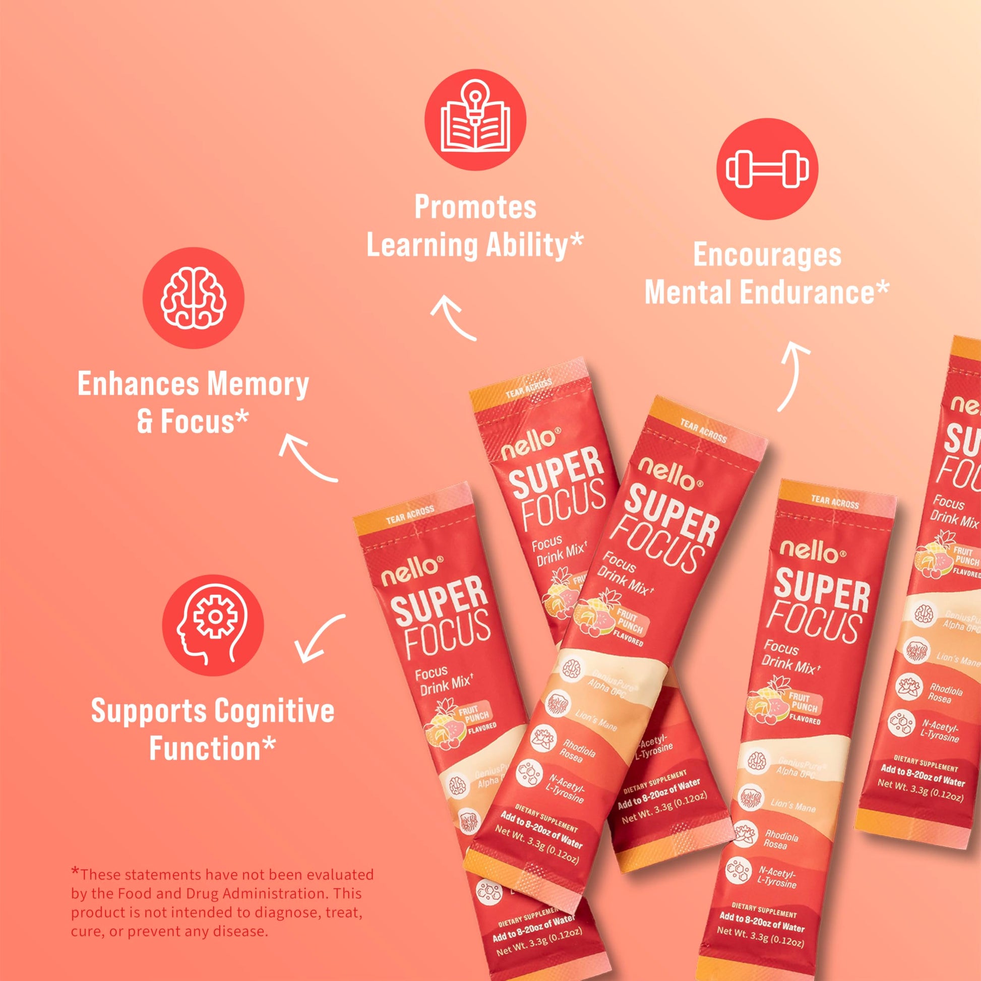 Nello Superfocus Focus Drink Mix – Fruit Punch Flavor – Alpha GPC, Lion’s Mane, Rhodiola & N-Acetyl L-Tyrosine – Sugar-Free, On-the-Go Packets – 20 Servings Nello Au supplements
