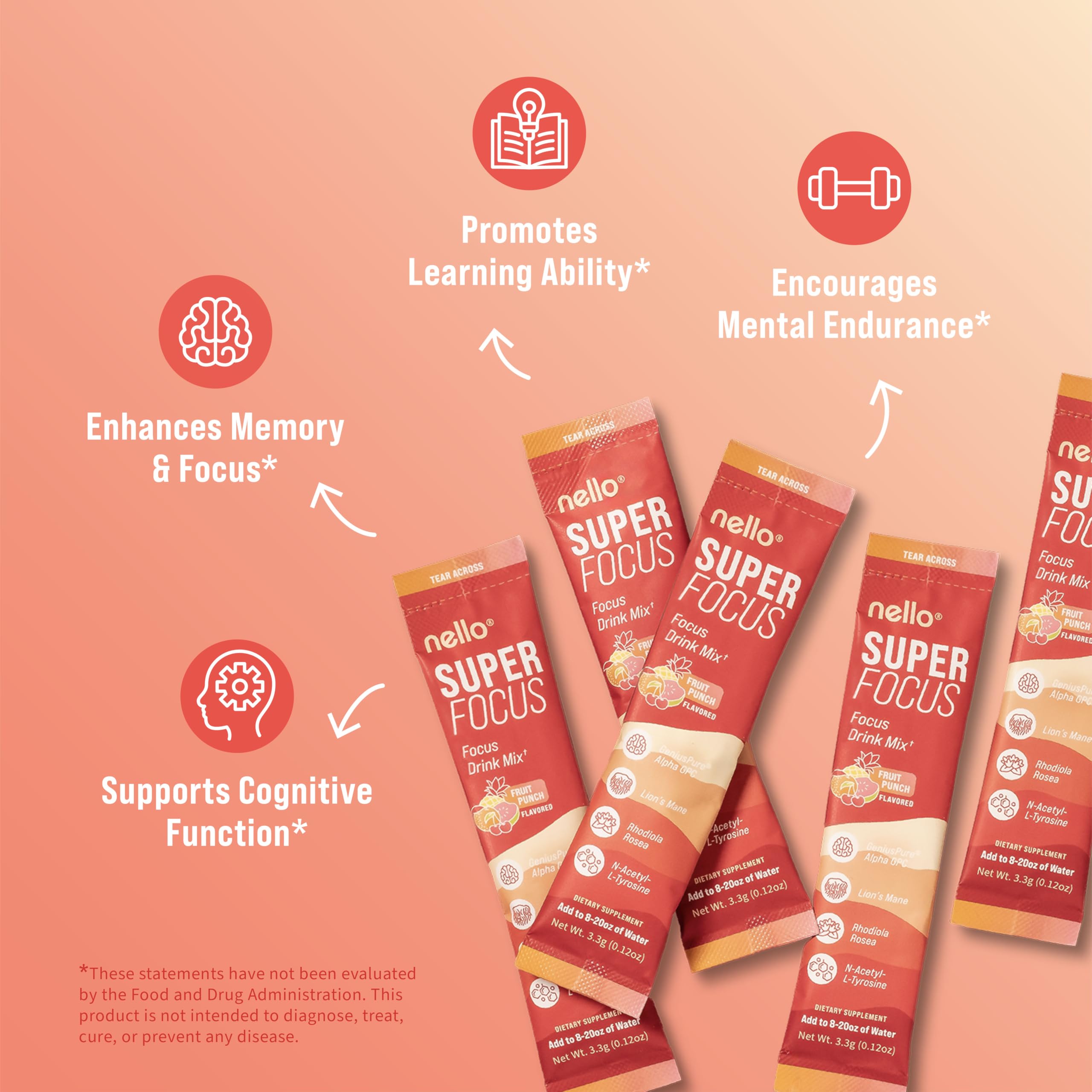 Nello Superfocus Focus Drink Mix – Fruit Punch Flavor – Alpha GPC, Lion’s Mane, Rhodiola & N-Acetyl L-Tyrosine – Sugar-Free, On-the-Go Packets – 20 Servings Nello Au supplements