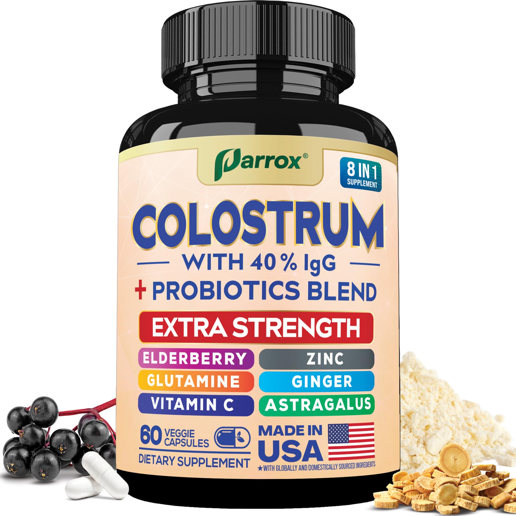 Parrox Colostrum Supplement Capsules, Grass Fed Cow Colostrum with 40% IgG, Probiotics Blend, Elderberry, Astragalus, Zinc, Ginger, Vitamin C, L-Glutamine, 8 in 1 Extra Strength Bovine Boost (60 Caps) Parrox Au supplements