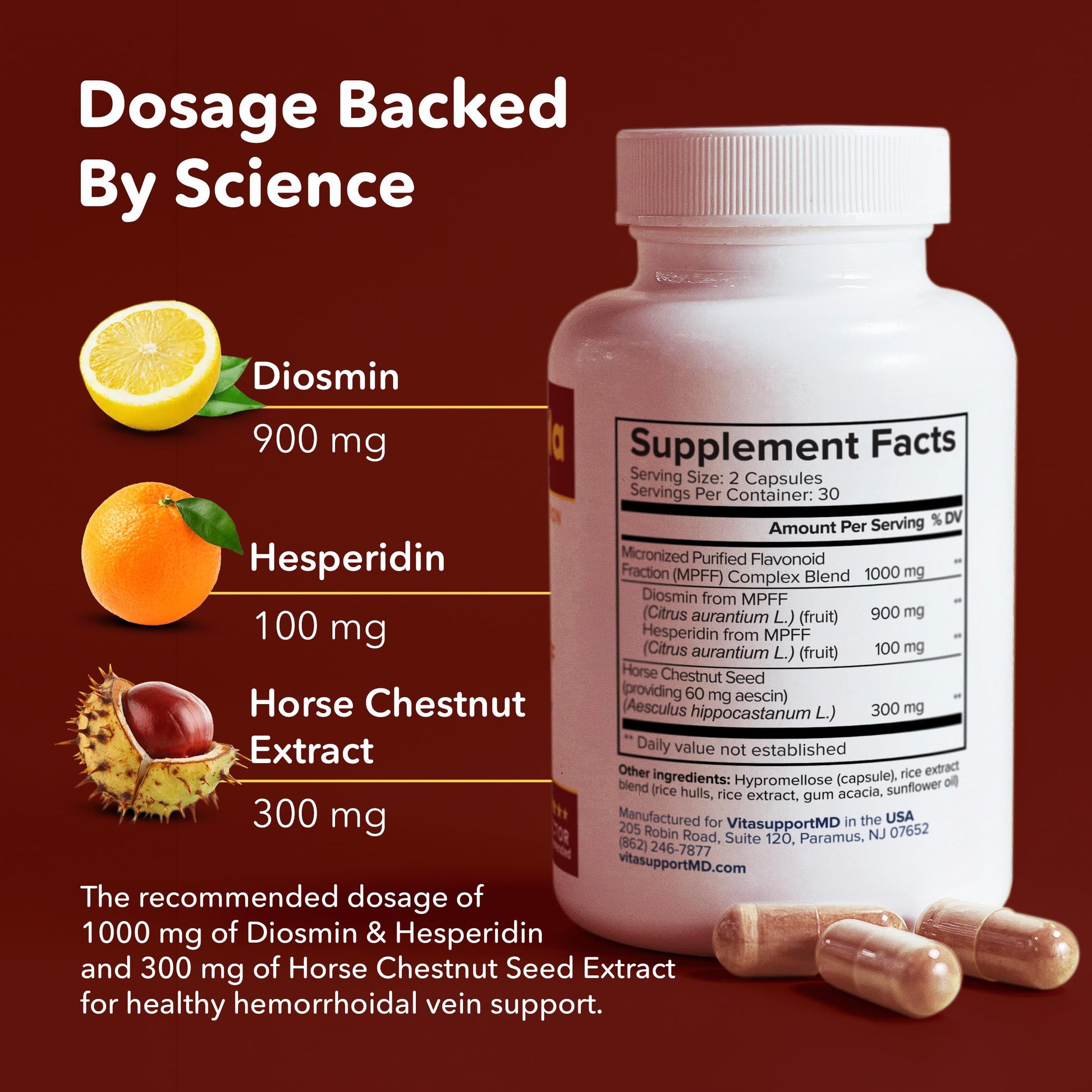 VITASUPPORTMD H Formula Diosmin Hesperidin 1000mg, Horse Chestnut Extract 300mg, Hemorrhoidal Vein Support, Micronized MPFF Bioflavonoids Supplement for Hemorrhoidal Vein Health Support, 60 Capsules VITASUPPORTMD Au supplements