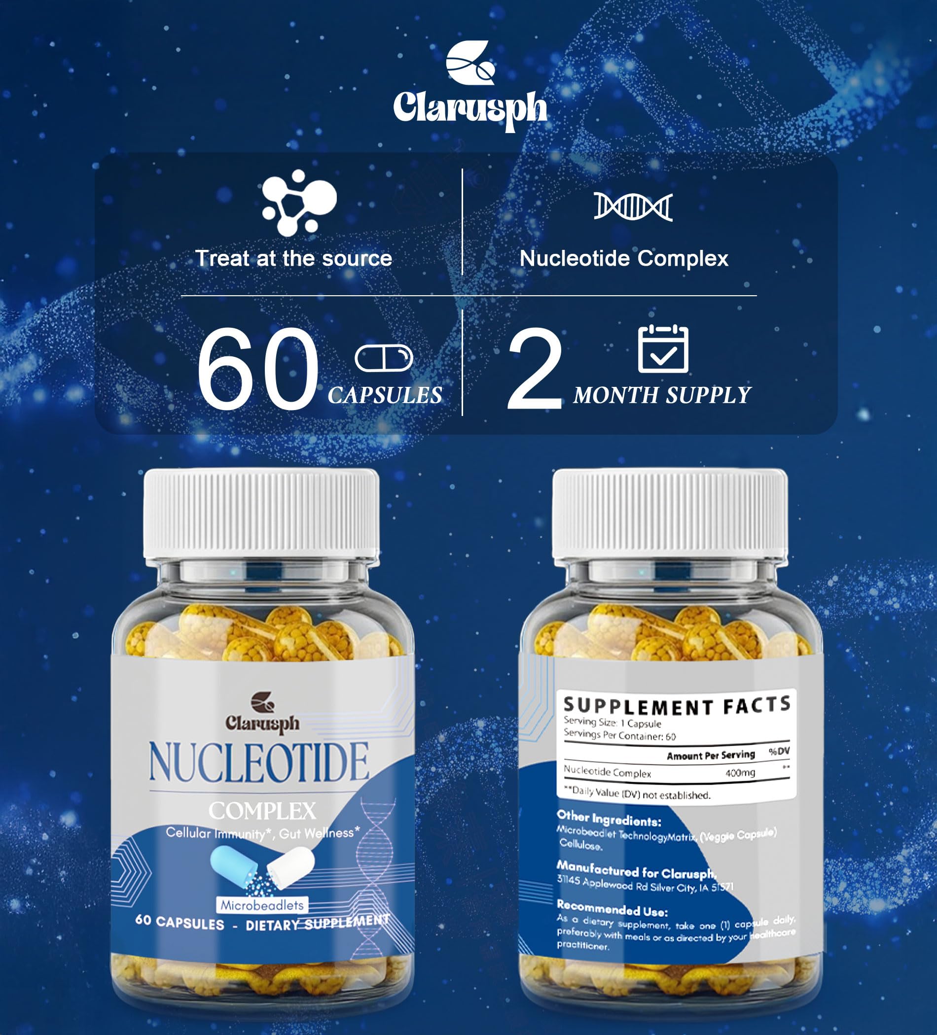 Clarusph Immunity* Supplement, Immune* Nucleotide Complex Blend 400mg Including AMP, CMP, GMP, UMP, Nucleo Immune*, 120 Capsules Clarusph Au supplements