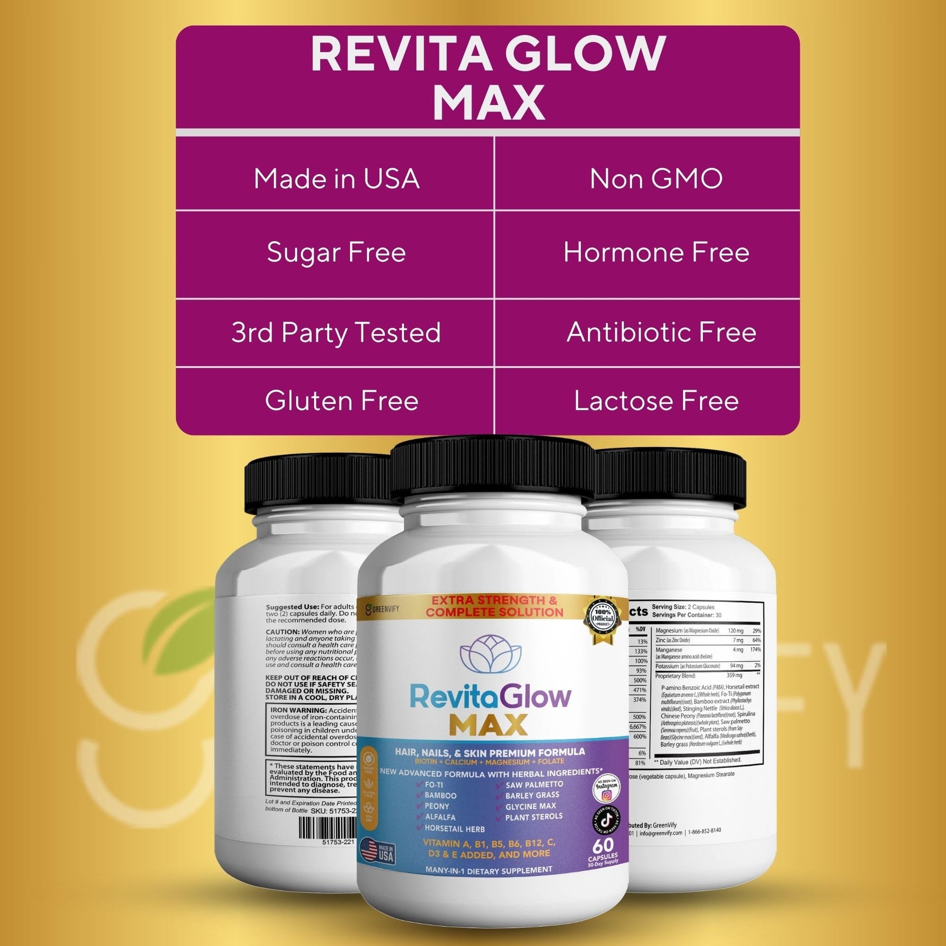 GREENVIFY RevitaGlow Max Hair, Nails & Skin Premium Formula, 60 Capsules, 30-Day Supply, with Biotin, Vitamins A, B1, B5, B6, B12, C, D3, E (1) GREENVIFY Au supplements