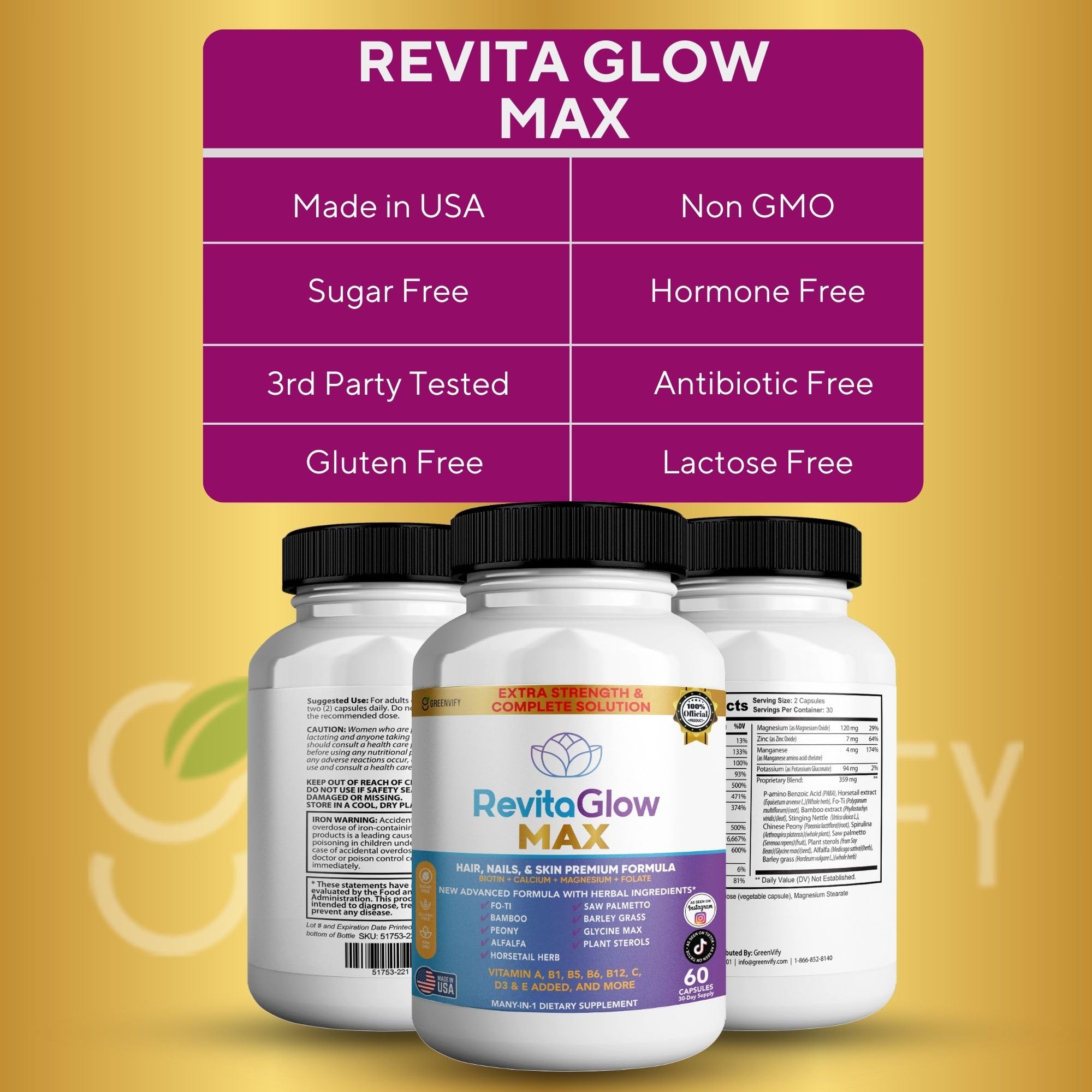 GREENVIFY RevitaGlow Max Hair, Nails & Skin Premium Formula, 60 Capsules, 30-Day Supply, with Biotin, Vitamins A, B1, B5, B6, B12, C, D3, E (1) GREENVIFY Au supplements