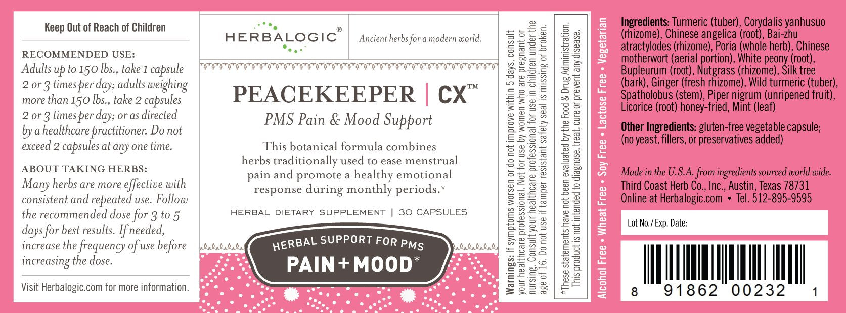 Herbalogic - Peacekeeper CX Herb Capsules - Reduces PMS Related Mood Swings - Reduces Cramps & Pain Associated with Monthly Periods - Contains Turmeric & Corydalis - 30 Cap Count Herbalogic Au supplements