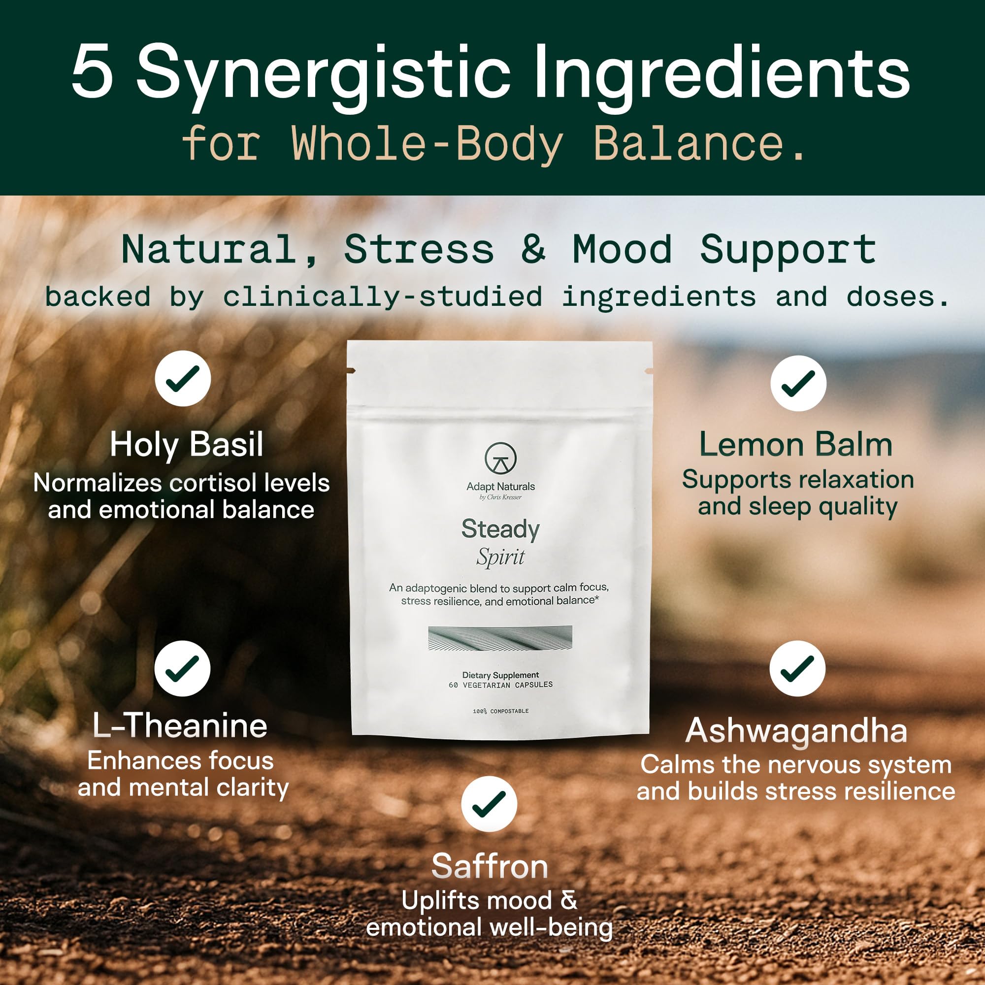 Adapt Naturals Steady Spirit Stress, Anxiety & Mood Support Supplement for Women and Men with Ashwagandha, L-Theanine, Holy Basil, Saffron, and Lemon Balm - Stress Relief Supplement - 30 Day Supply ADAPT NATURALS BY CHRIS KRESSER Au supplements