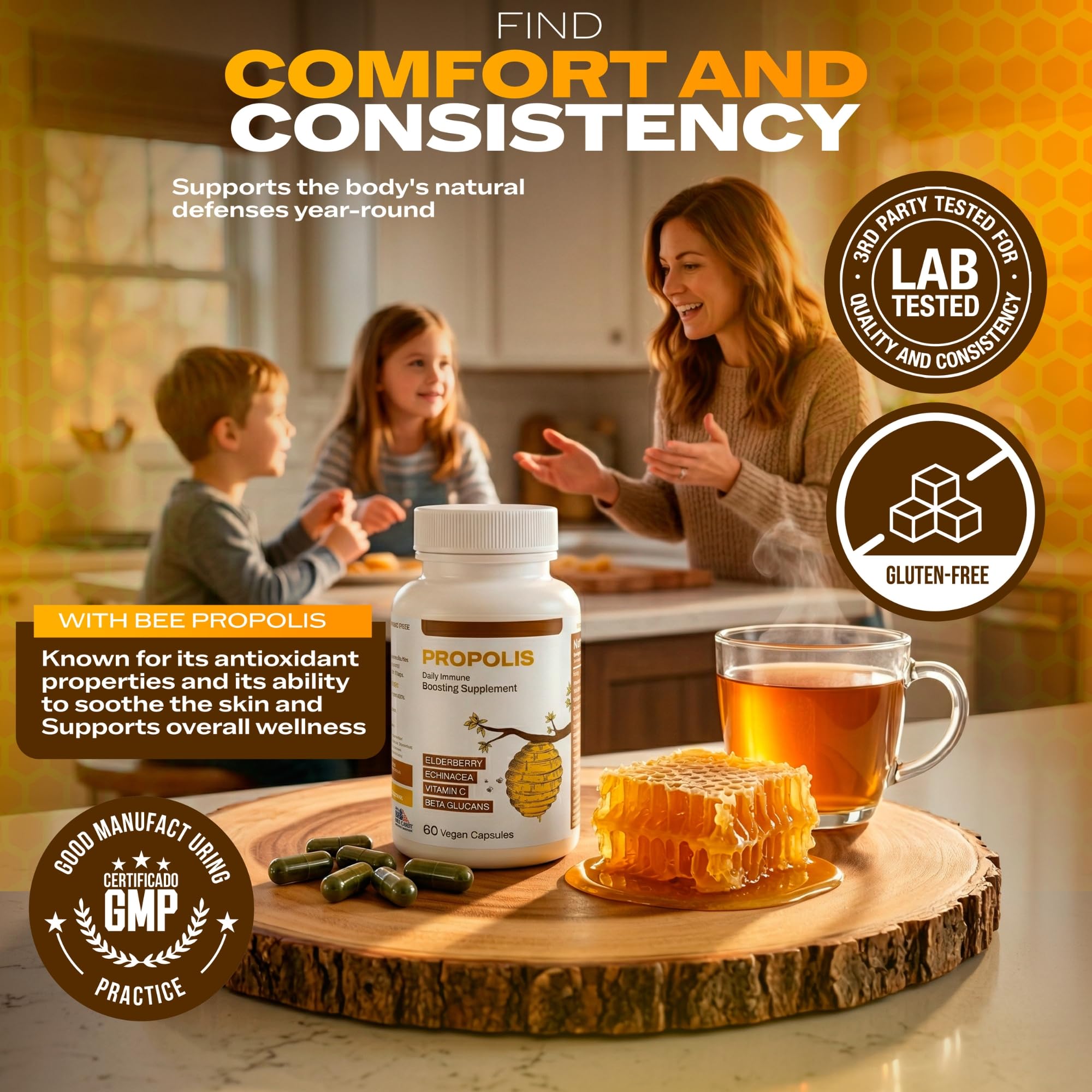Only Nutri Labs Bee Propolis Dietary Supplement, with Elderberry, Echinacea, Vitamin C and Beta Glucans - Daily Wellness Capsules for Adults (60 Count) Only Nutri Labs Au supplements