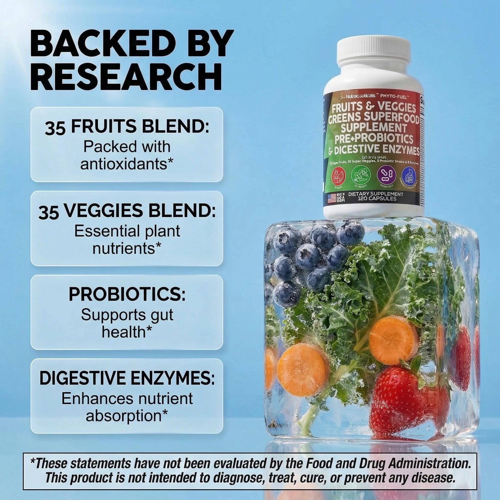 Clean Nutraceuticals Fruits and Veggies Supplement Reds & Green Superfood - Balance of Over 70 Fruit & Vegetable Supplements Capsules with Probiotics Prebiotics Digestive Enzymes - 120 Ct USA Clean Nutraceuticals Au supplements