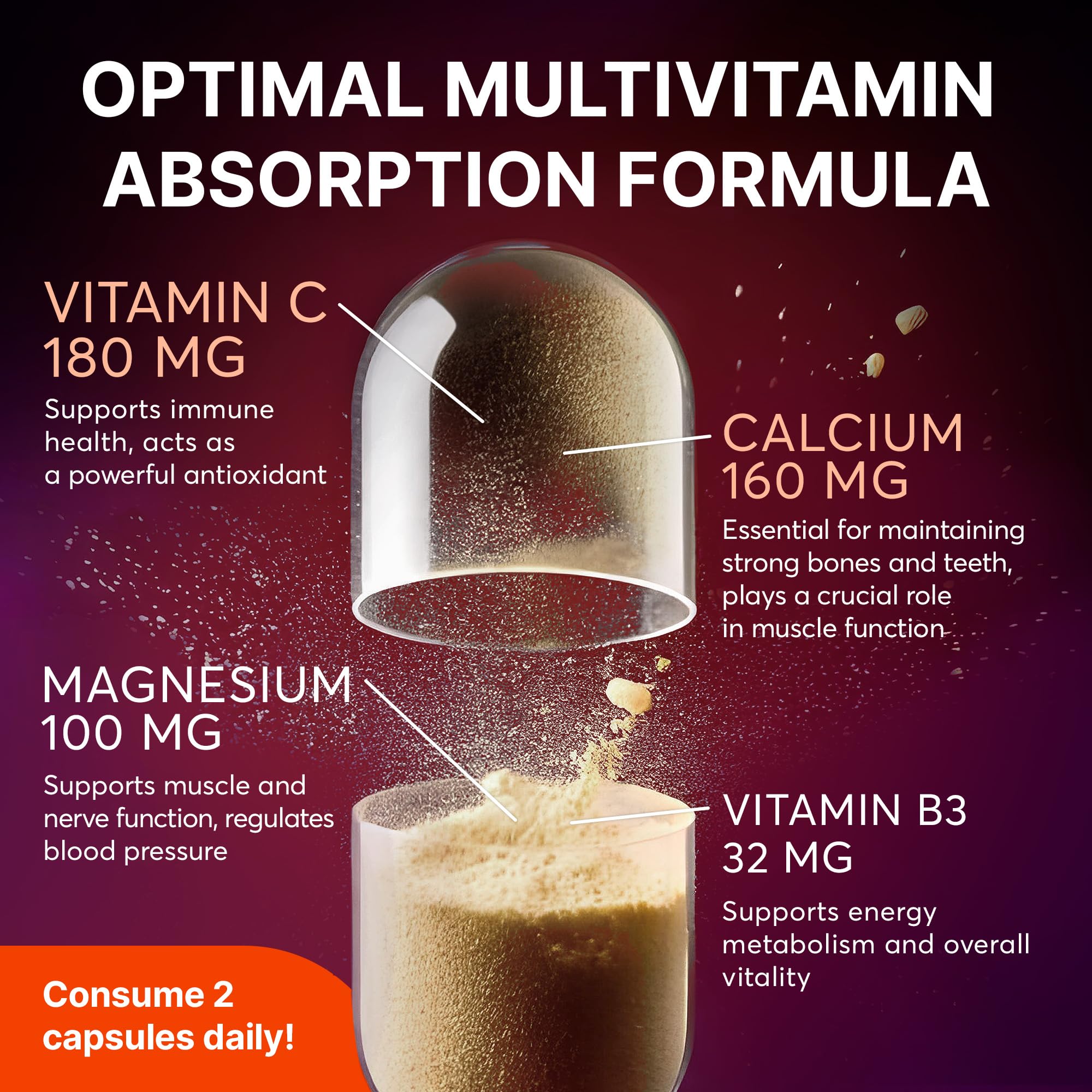 Multivitamin Supplement | Complex with Vitamin A, C, D, E, K1, B, Zinc & Chromium | Hair, Skin & Nail Beauty Vitamins | Immune Support Supplements for Men & Women | 60 Capsules SUPLINT Au supplements