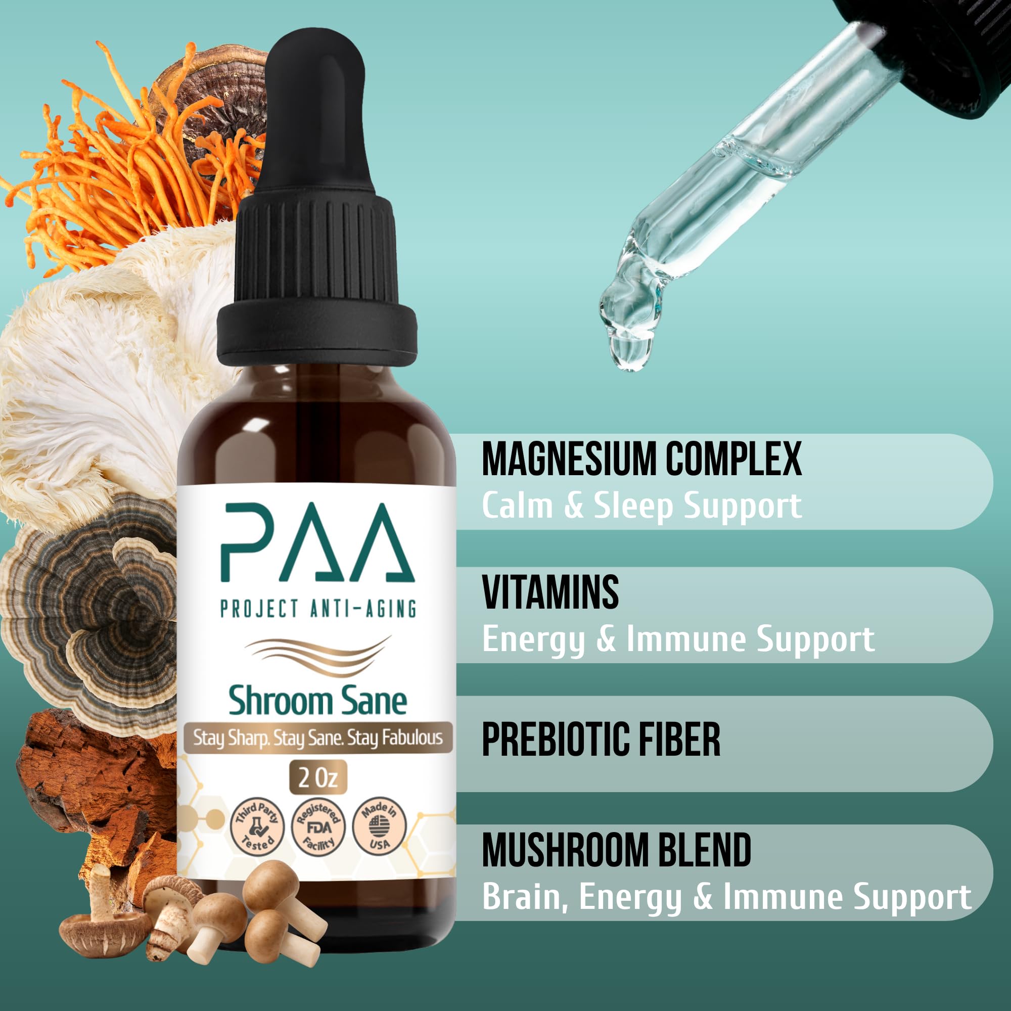 Project Anti-Aging Shroom Sane Liquid Drops with Lion’s Mane Mushroom Supplement Drops – 8 Mushroom Complex Tincture with Reishi, Cordyceps, Turkey Tail & Magnesium – USDA Organic, Vegan, Project Anti-Aging Au supplements