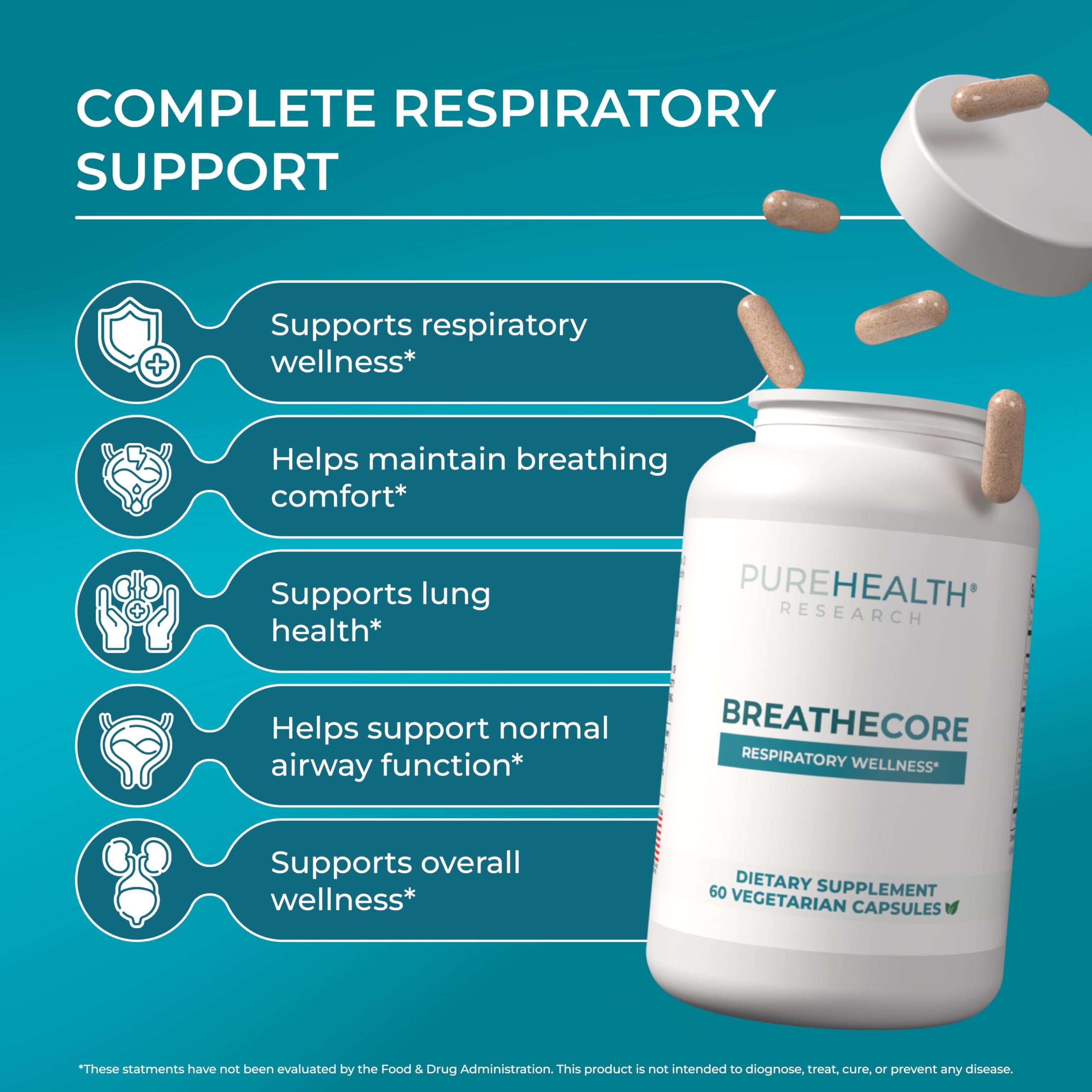 PUREHEALTH RESEARCH BreatheCore - Lung Detox for Smokers - Lung Cleanse & Support Supplement for Women & Men - Ginger Root, Ginkgo Biloba, St Johns Wort, Panax Ginseng & More - 60 Capsules PUREHEALTH RESEARCH Au supplements