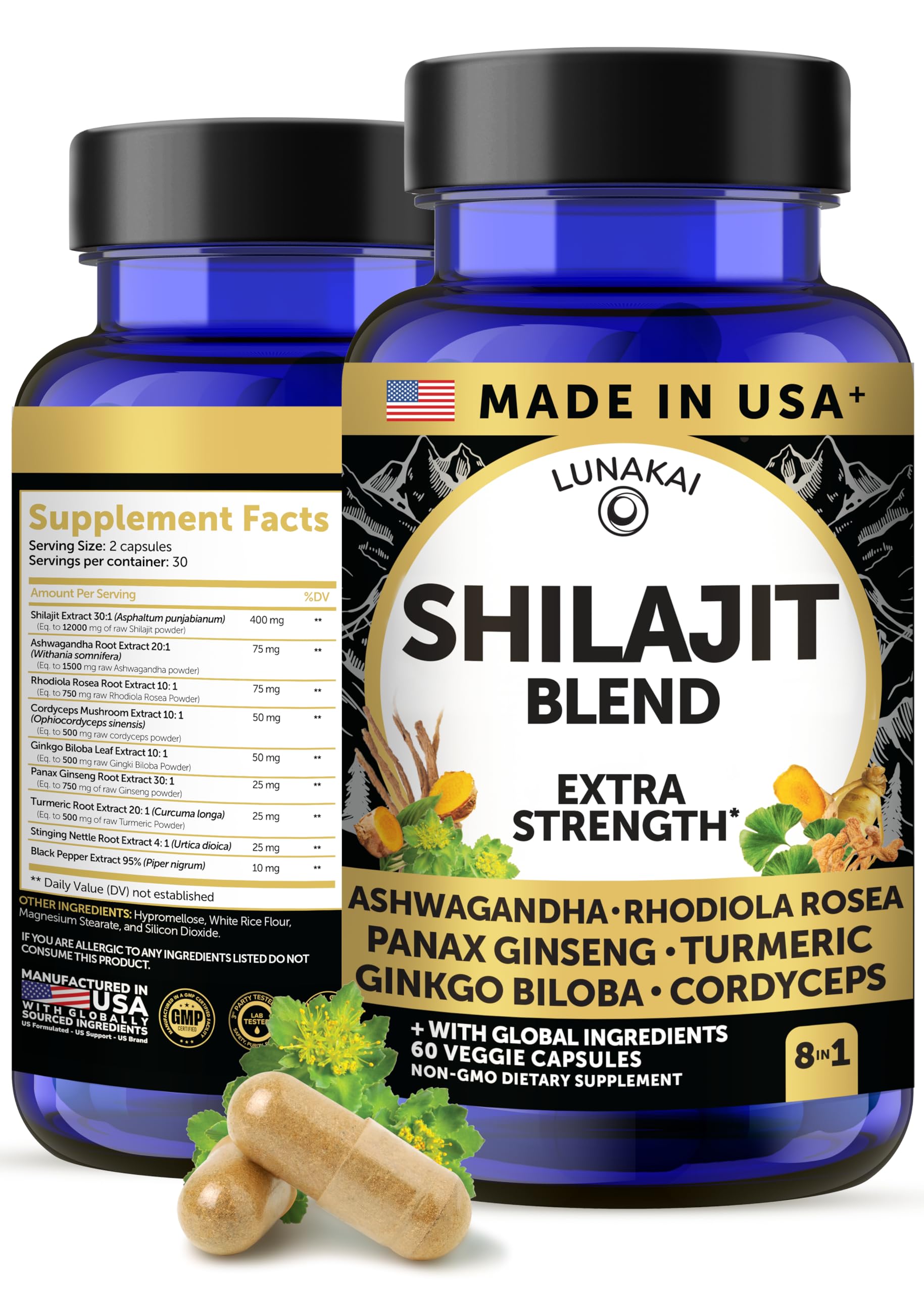 Lunakai USA Made Pure Shilajit Capsules with Ashwagandha, Rhodiola & Cordyceps - Extra Strength Shilajit Extract for Men & Women, 60ct Lunakai Au supplements