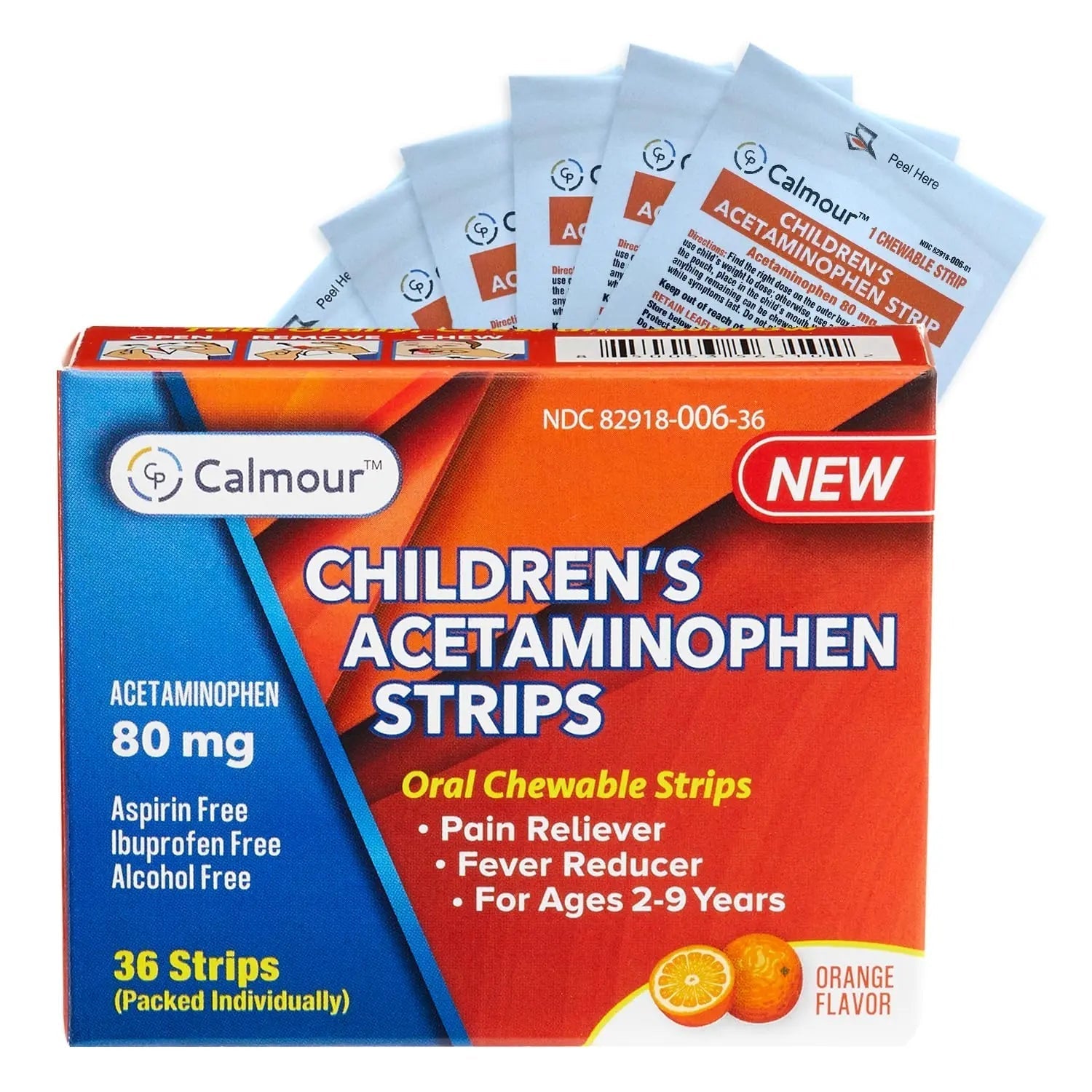 CALMOUR Children's Acetaminophen 36 Strips | Pain Reliever & Fever Reducer | Fast-Acting Support for Cold & Flu Symptoms | Oral Chewable Strips for Kids Ages 2-9 | Travel Size, Orange Flavor CALMOUR Au supplements