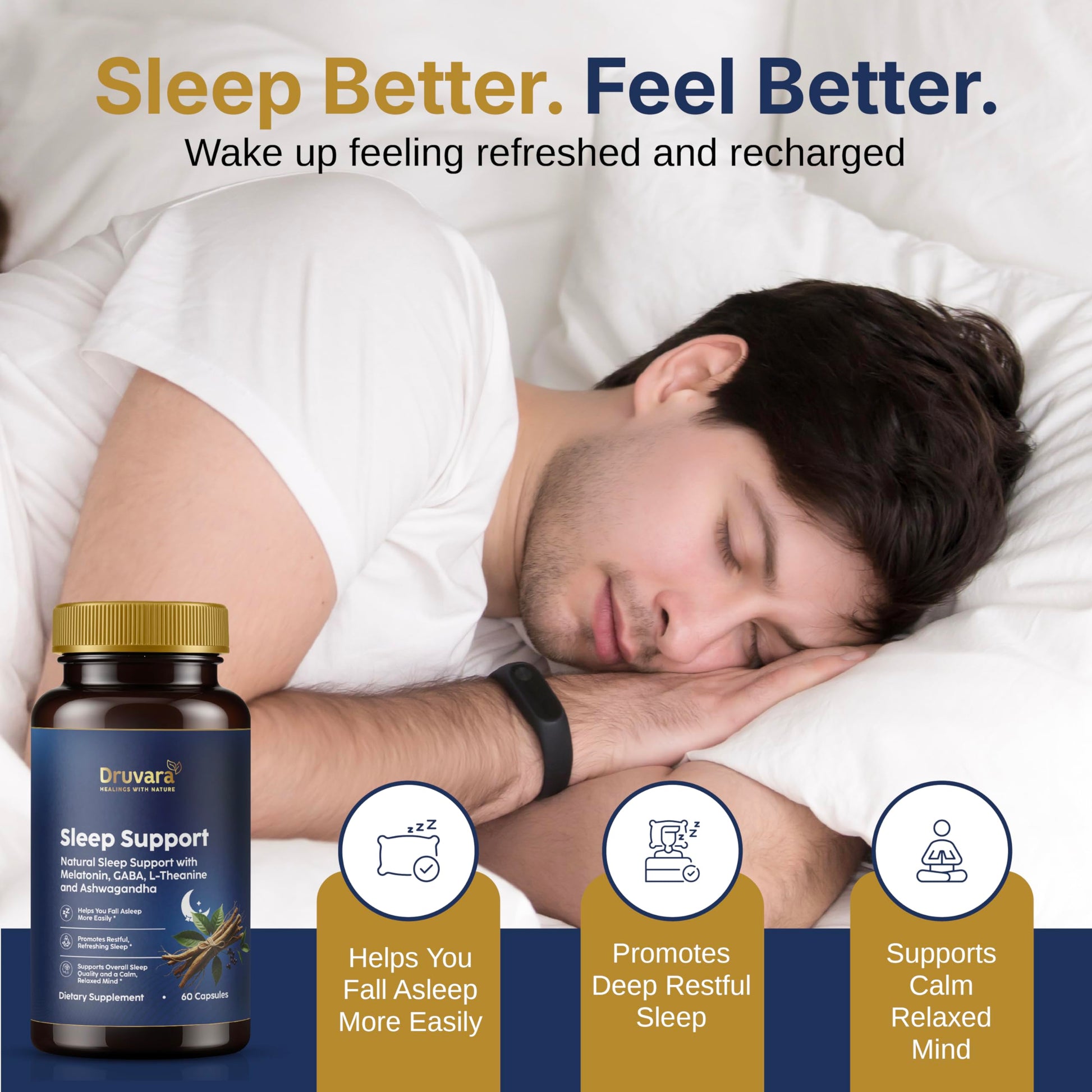 Druvara Natural Sleep Aid for Adults with Melatonin, GABA, L-Theanine & Ashwagandha, Natural Sleep Supplement for Deep, Restful Sleep - 60 Capsules Druvara Au supplements
