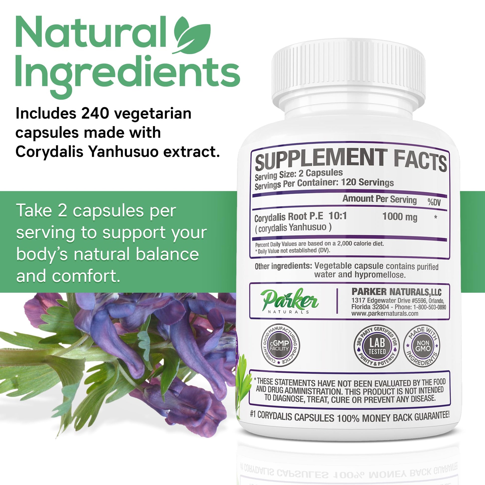 Parker Naturals Pure Corydalis Root Extract Capsule - 1000mg Strength, 10:1 Corydalis Yanhusuo Extract, Natural Relief, Long Lasting, 100% Vegetarian, 120 Servings, 240 Count Parker Naturals Au supplements