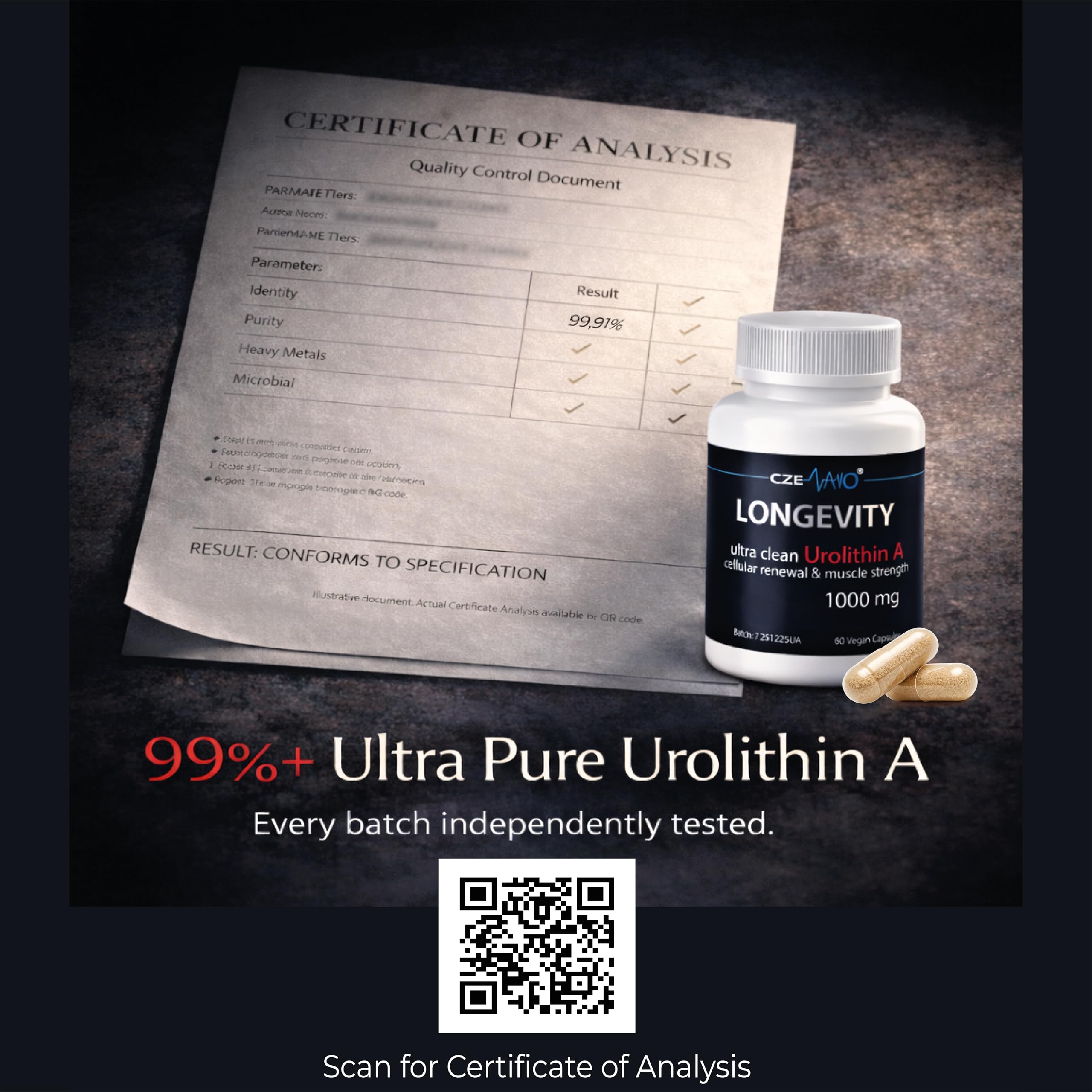 CzeNano Longevity – Ultra-Pure Urolithin A Supplement 1000 mg | Mitochondrial Support, Cellular Energy & Muscle Strength | Third-Party Tested COA | 60 Vegan Capsules CzeNano Au supplements