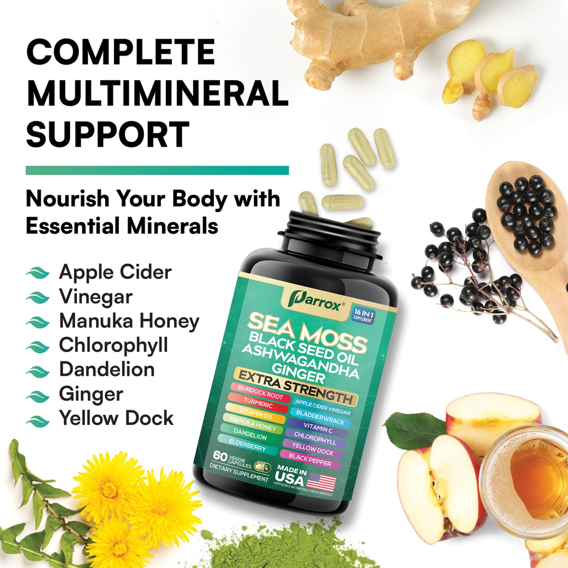 Parrox Sea Moss, Black Seed Oil, Ashwagandha, Turmeric, Chlorophyll, Dandelion, Ginger, Vitamin D3, Black Pepper, Elderberry, ACV, Yellow Dock, Burdock Root, Manuka, Vitamin C, Bladderwrack (60 Caps) Parrox Au supplements