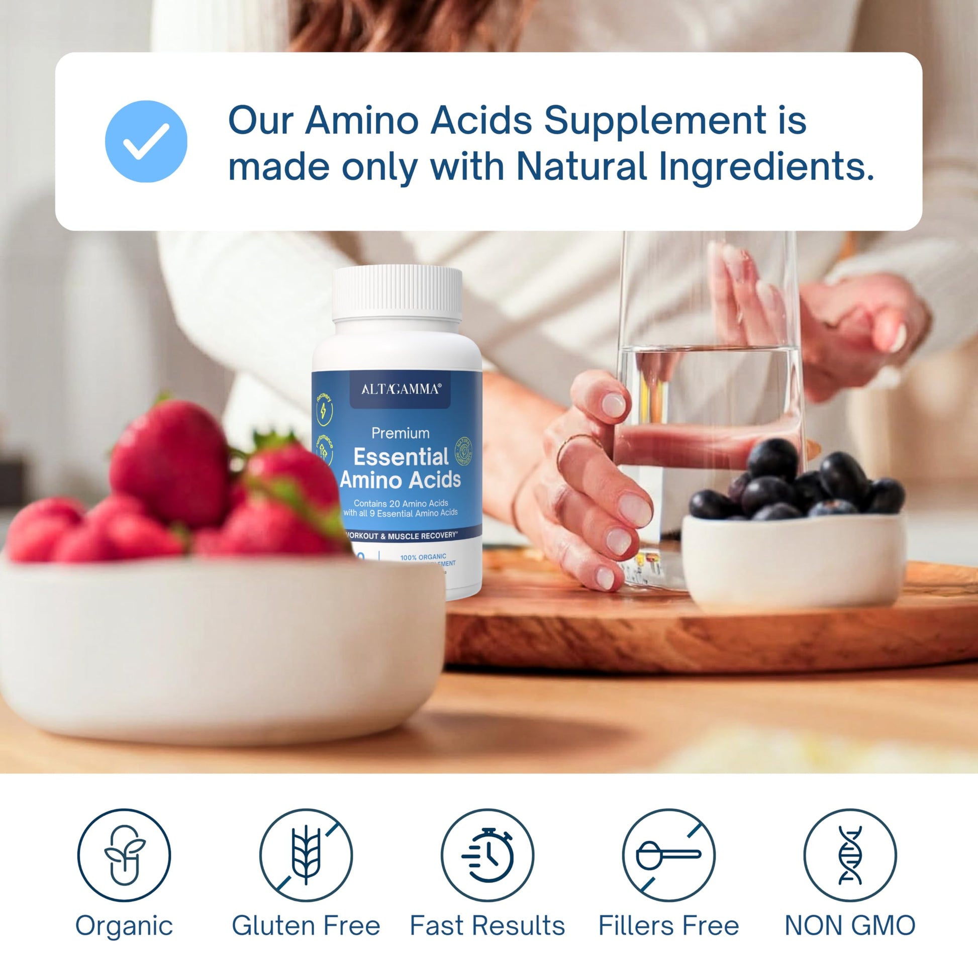 ALTAGAMMA Pure Amino Acids Complex - Protein for Pre/Post Workout, Energy & Muscle Recovery - 9 Essential Amino Acids Supplement (EAA) & BCAAs - Leucine, Lysine, L Tyrosine, L Arginine, 60 Capsules ALTAGAMMA Au supplements