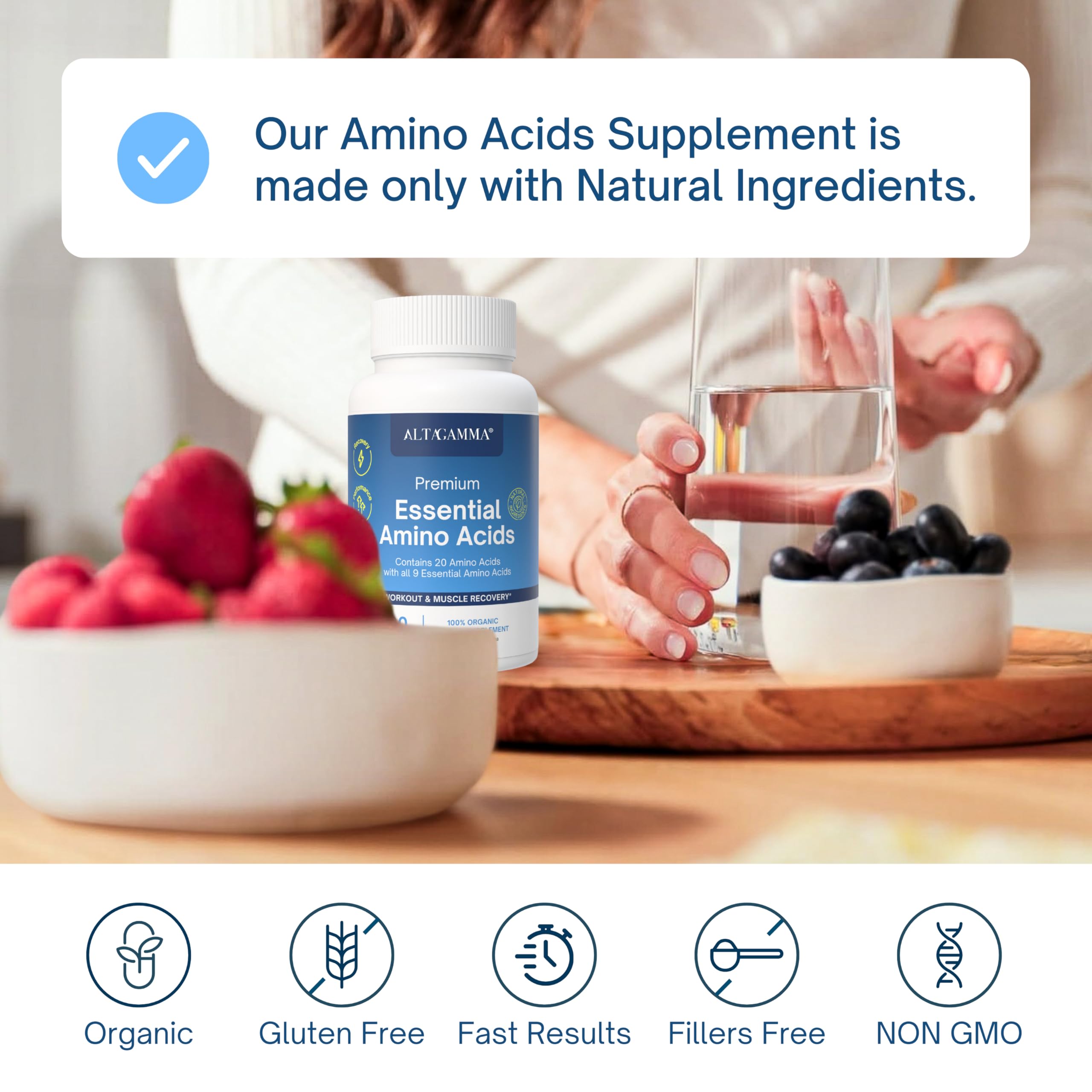 ALTAGAMMA Pure Amino Acids Complex - Protein for Pre/Post Workout, Energy & Muscle Recovery - 9 Essential Amino Acids Supplement (EAA) & BCAAs - Leucine, Lysine, L Tyrosine, L Arginine, 60 Capsules ALTAGAMMA Au supplements