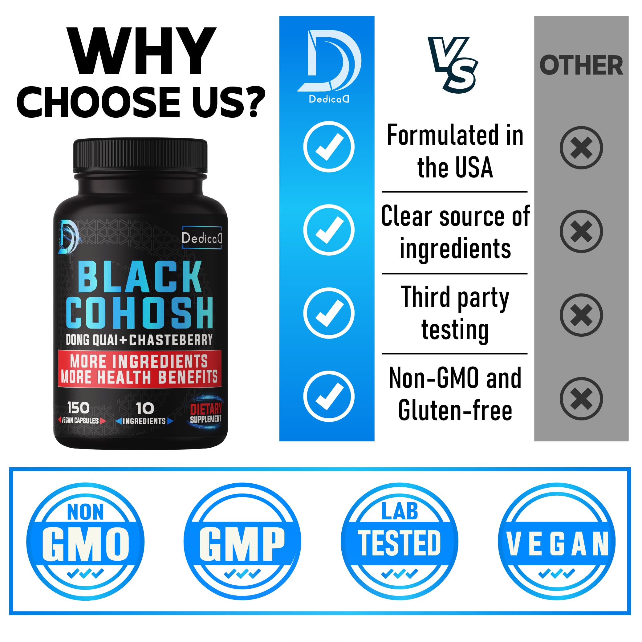 DEDICAD 12in1 Black Cohosh 5-Month Supply for Menopause Support Supplement with Dong Quai, Chasteberry, Red Raspberry, Licorice, Wild Yam & More - 150 Capsules DEDICAD Au supplements