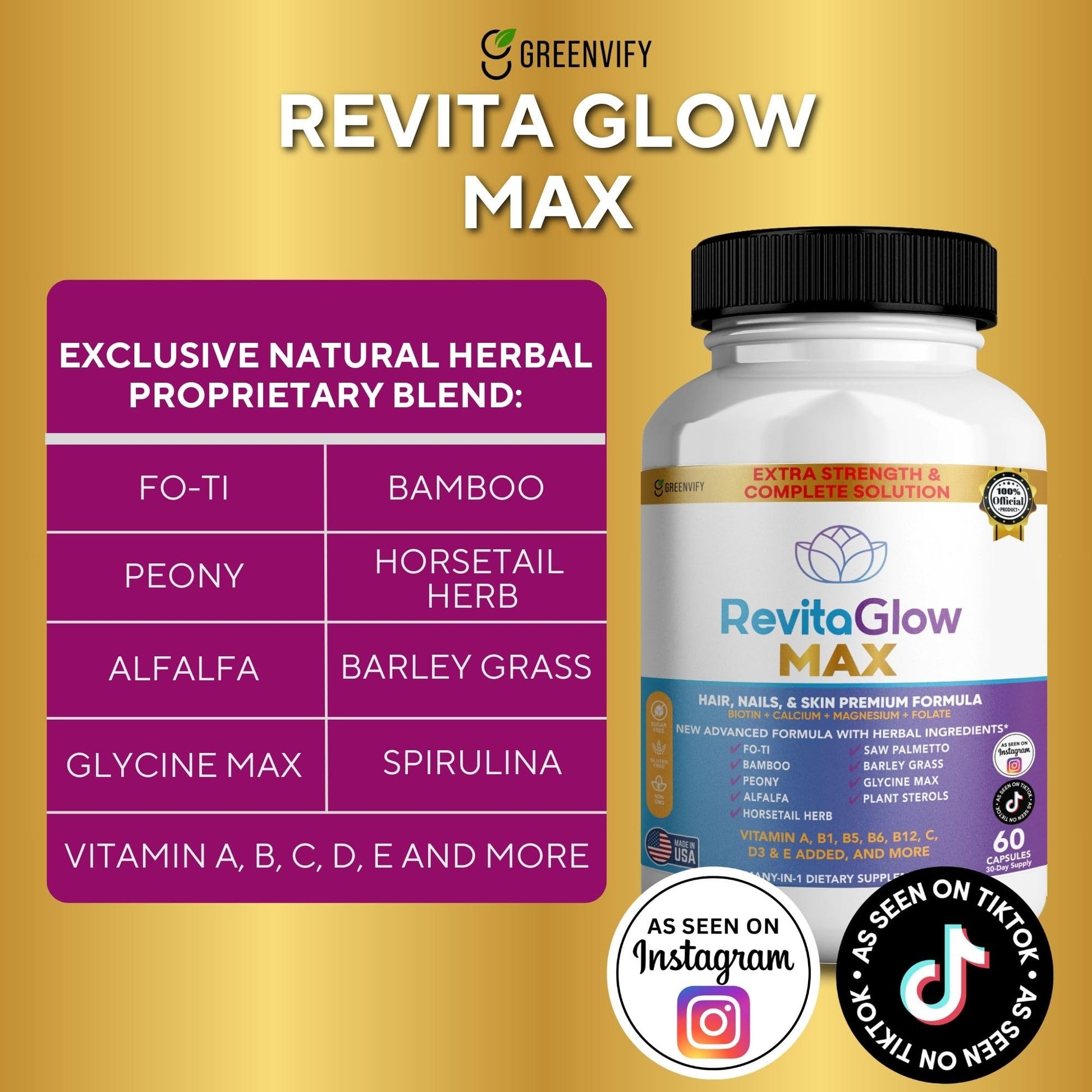 GREENVIFY RevitaGlow Max Hair, Nails & Skin Premium Formula, 60 Capsules, 30-Day Supply, with Biotin, Vitamins A, B1, B5, B6, B12, C, D3, E (1) GREENVIFY Au supplements