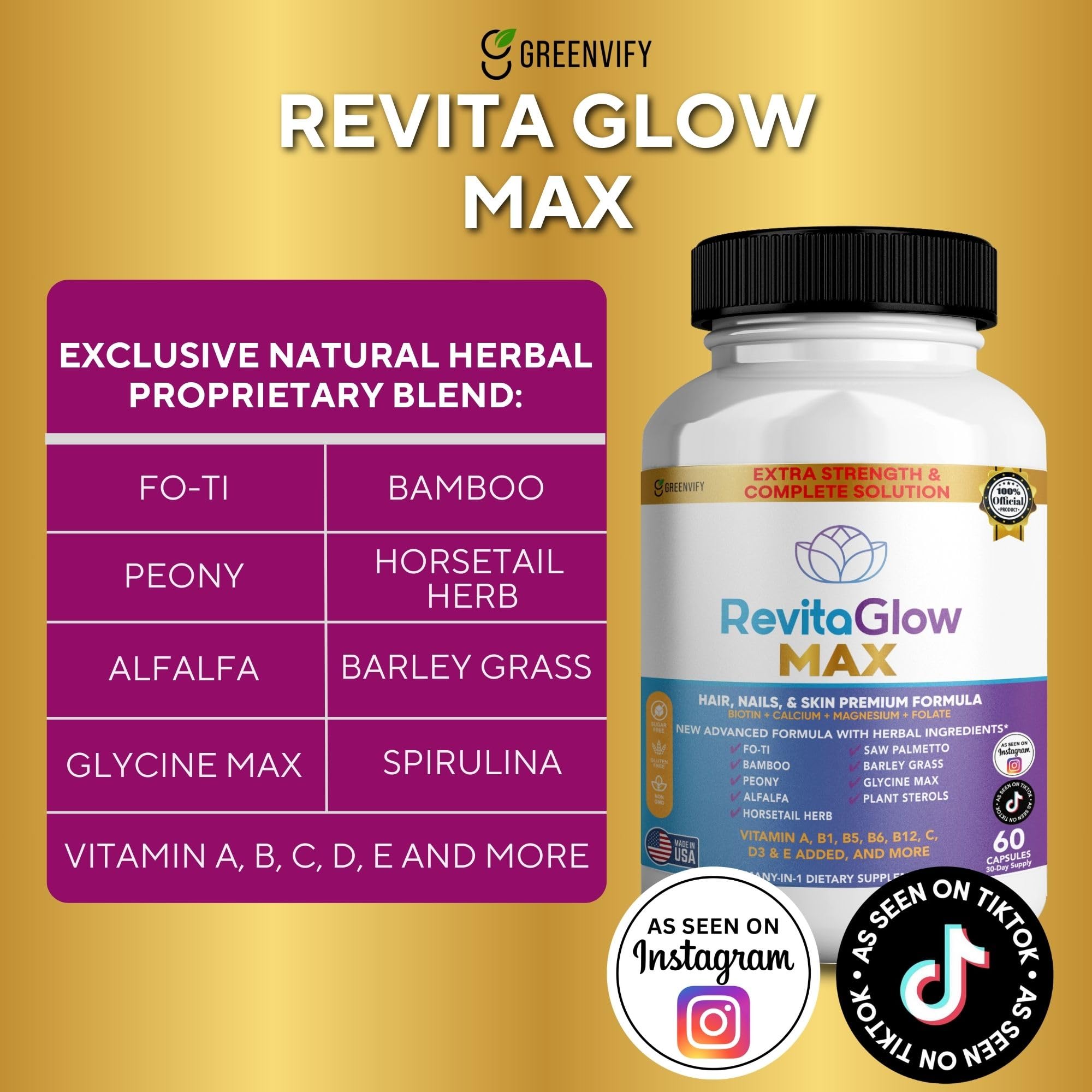 GREENVIFY RevitaGlow Max Hair, Nails & Skin Premium Formula, 60 Capsules, 30-Day Supply, with Biotin, Vitamins A, B1, B5, B6, B12, C, D3, E (1) GREENVIFY Au supplements