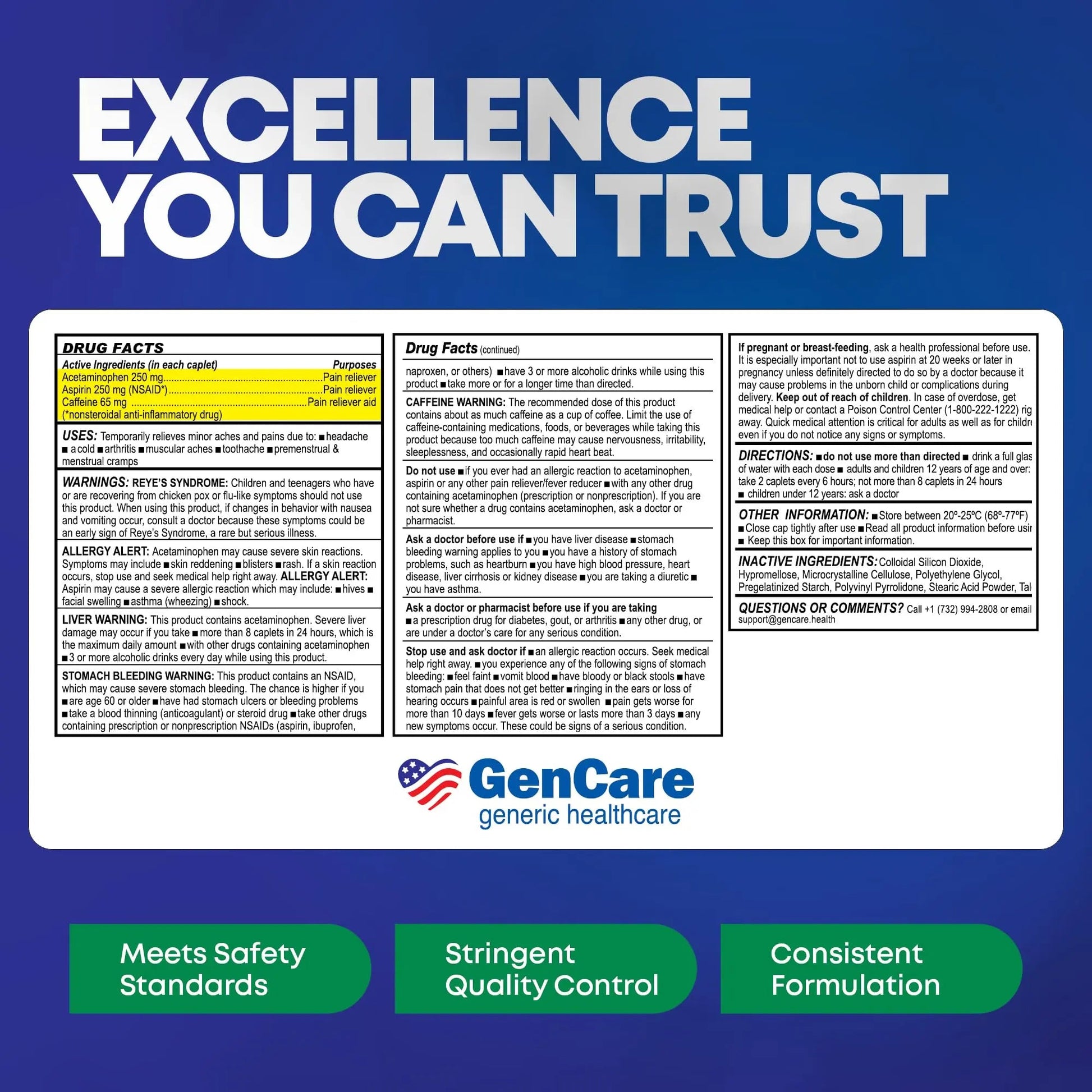 GenCare - Headache Relief Acetaminophen with Aspirin (NSAID) & Caffeine (300 Caplets) Value Pack | Head Pain, Muscle Aches, Back Pain & Body | Generic ExcedrEn Extra Strength GenCare Au supplements