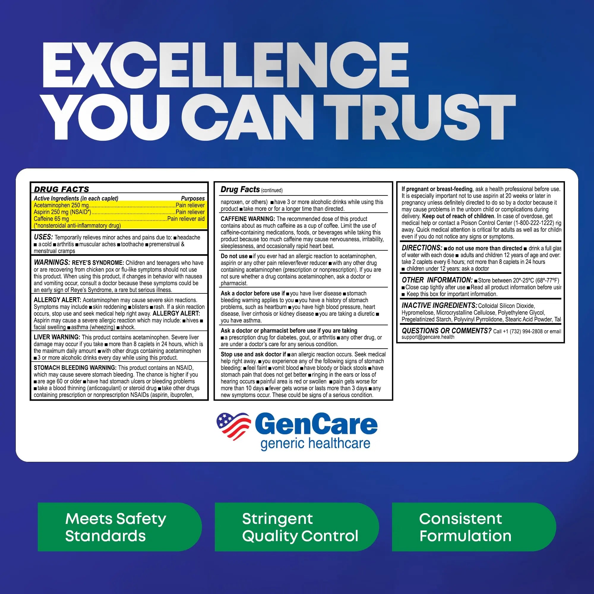 GenCare - Headache Relief Acetaminophen with Aspirin (NSAID) & Caffeine (300 Caplets) Value Pack | Head Pain, Muscle Aches, Back Pain & Body | Generic ExcedrEn Extra Strength GenCare Au supplements