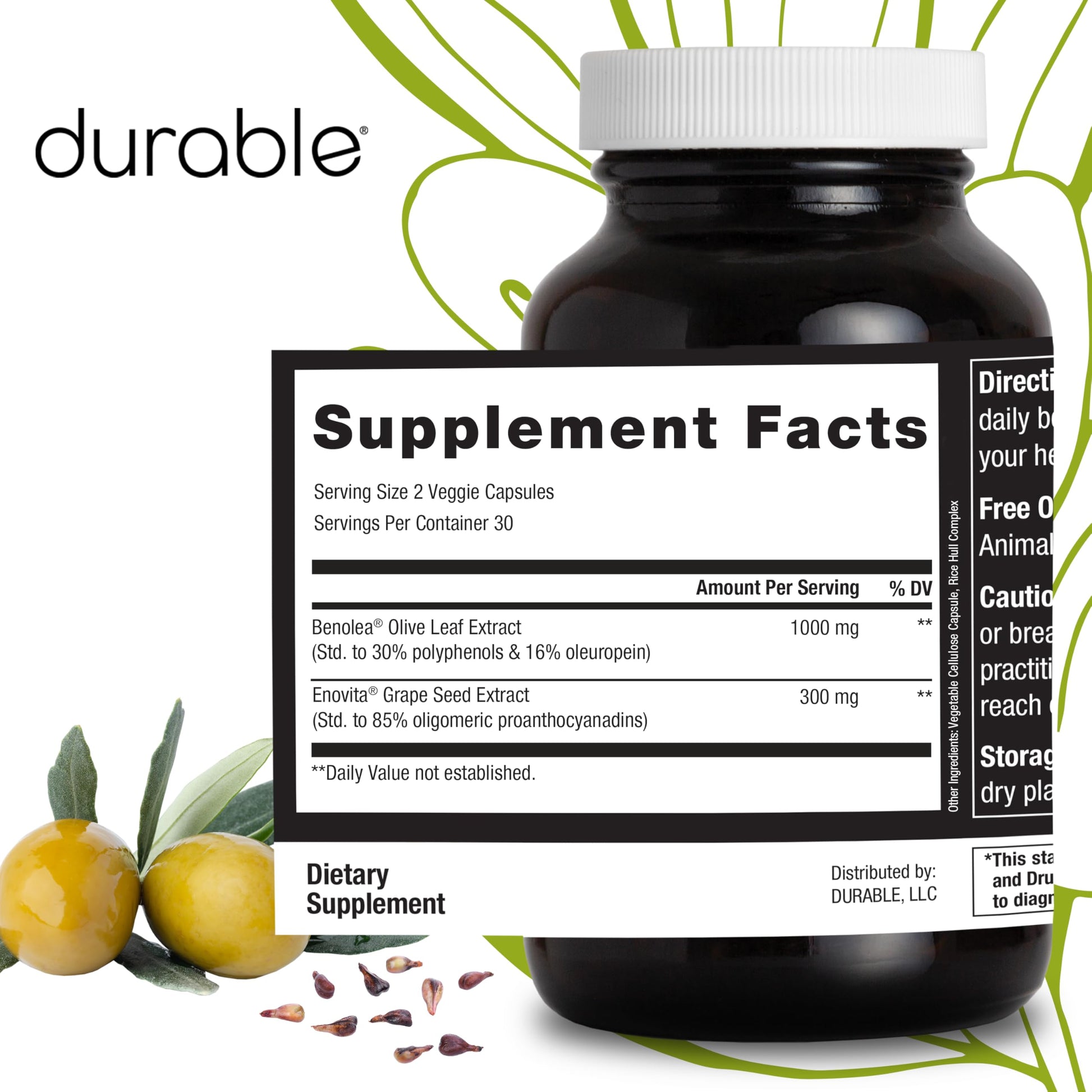 Durable Blood Pressure – Benolea Olive Leaf & Enovita Grape Seed Extract – Healthy Circulation, Nitric Oxide & Artery Support – Doctor Formulated, Vegan, Non-GMO, Made in USA (60 Capsules) Durable Au supplements