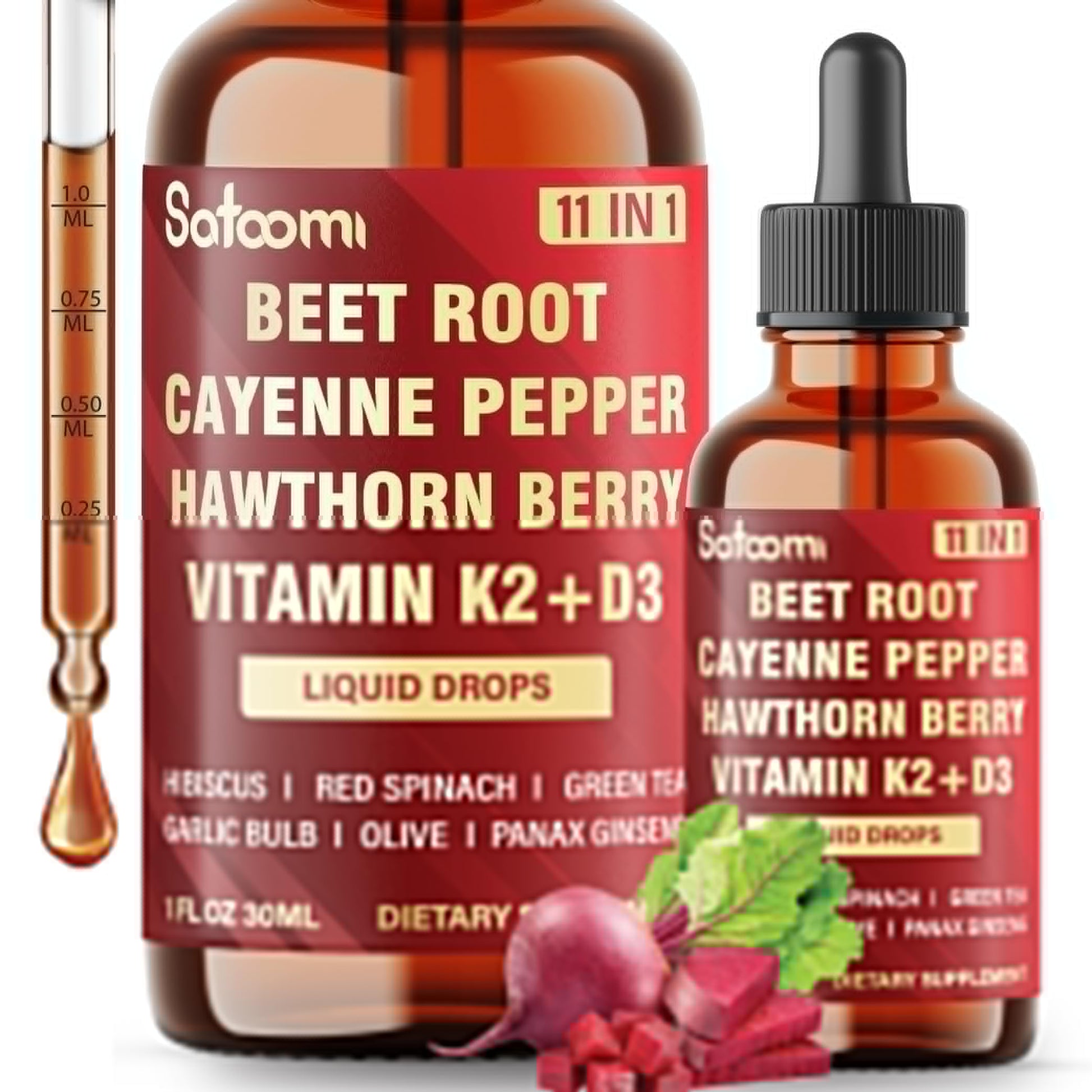 11in1 Beet Root Liquid Drops Supplement with Formula with D3, K2, Hawthorn, Red Spinach, Garlic & Green Tea and More - Supports Immune & Vitality - 1 FL Oz - for 60 Days Satoomi Au supplements