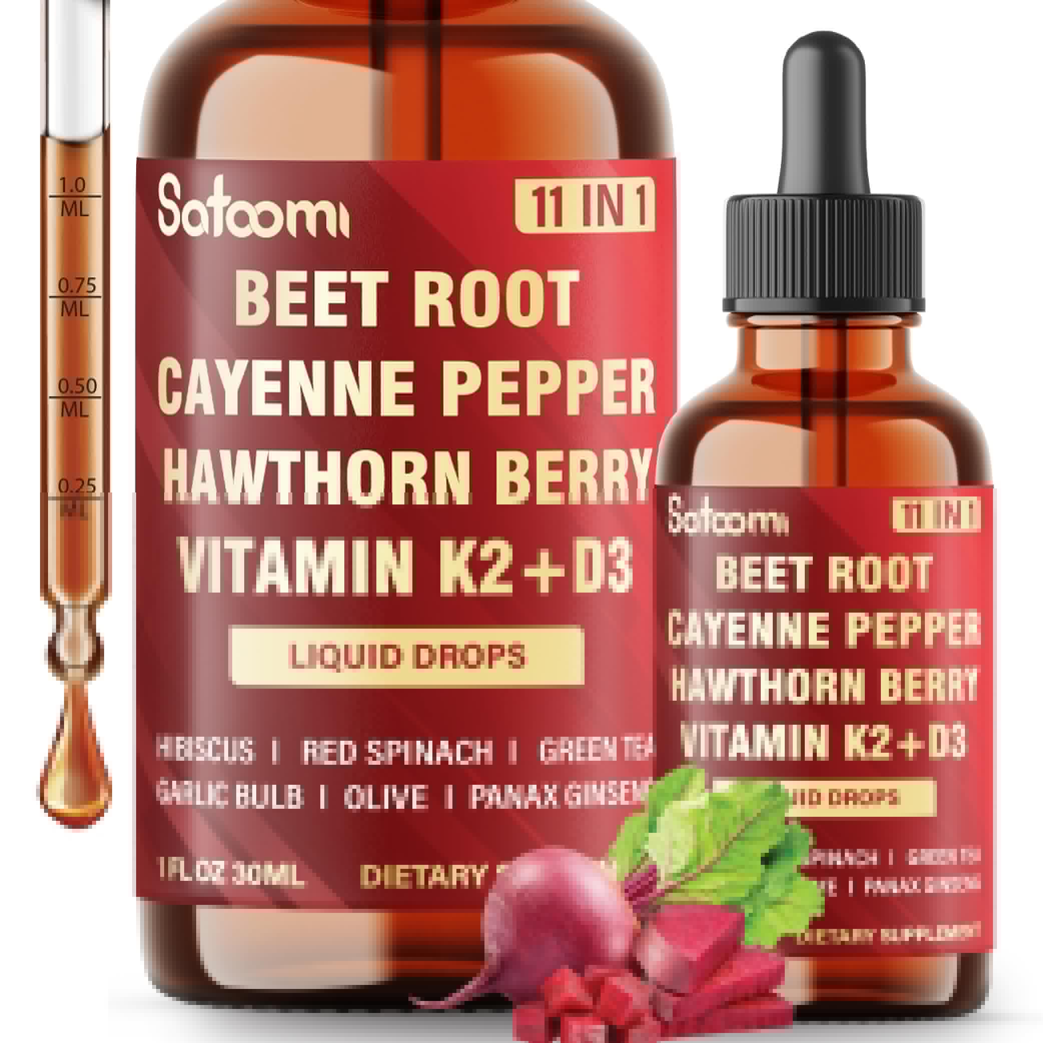 11in1 Beet Root Liquid Drops Supplement with Formula with D3, K2, Hawthorn, Red Spinach, Garlic & Green Tea and More - Supports Immune & Vitality - 1 FL Oz - for 60 Days Satoomi Au supplements