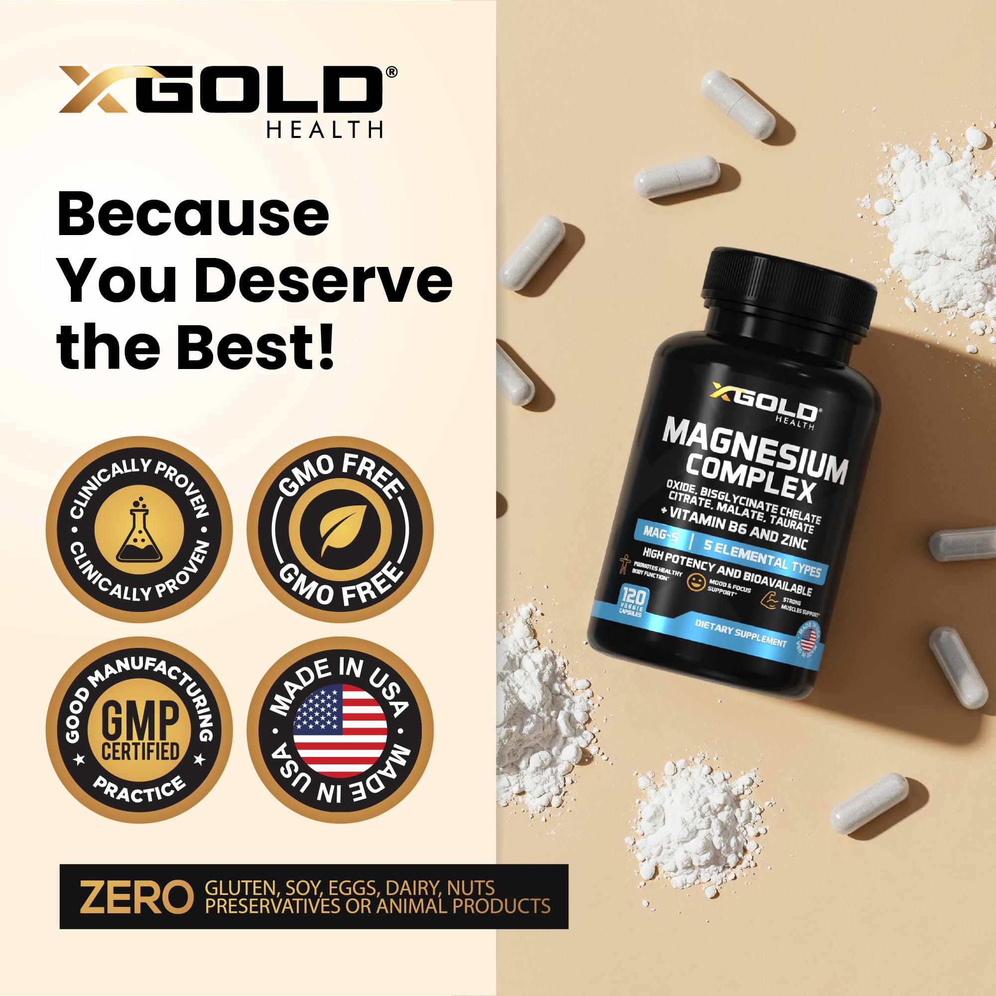 X Gold Health Magnesium Complex 5-in-1 with Zinc & B6 High Absorption Capsules (Glycinate, Citrate, Malate, Taurate, Oxide) Muscle Recovery, Energy, Sleep Support & Immune Health 500mg Made in USA X Gold Health Au supplements