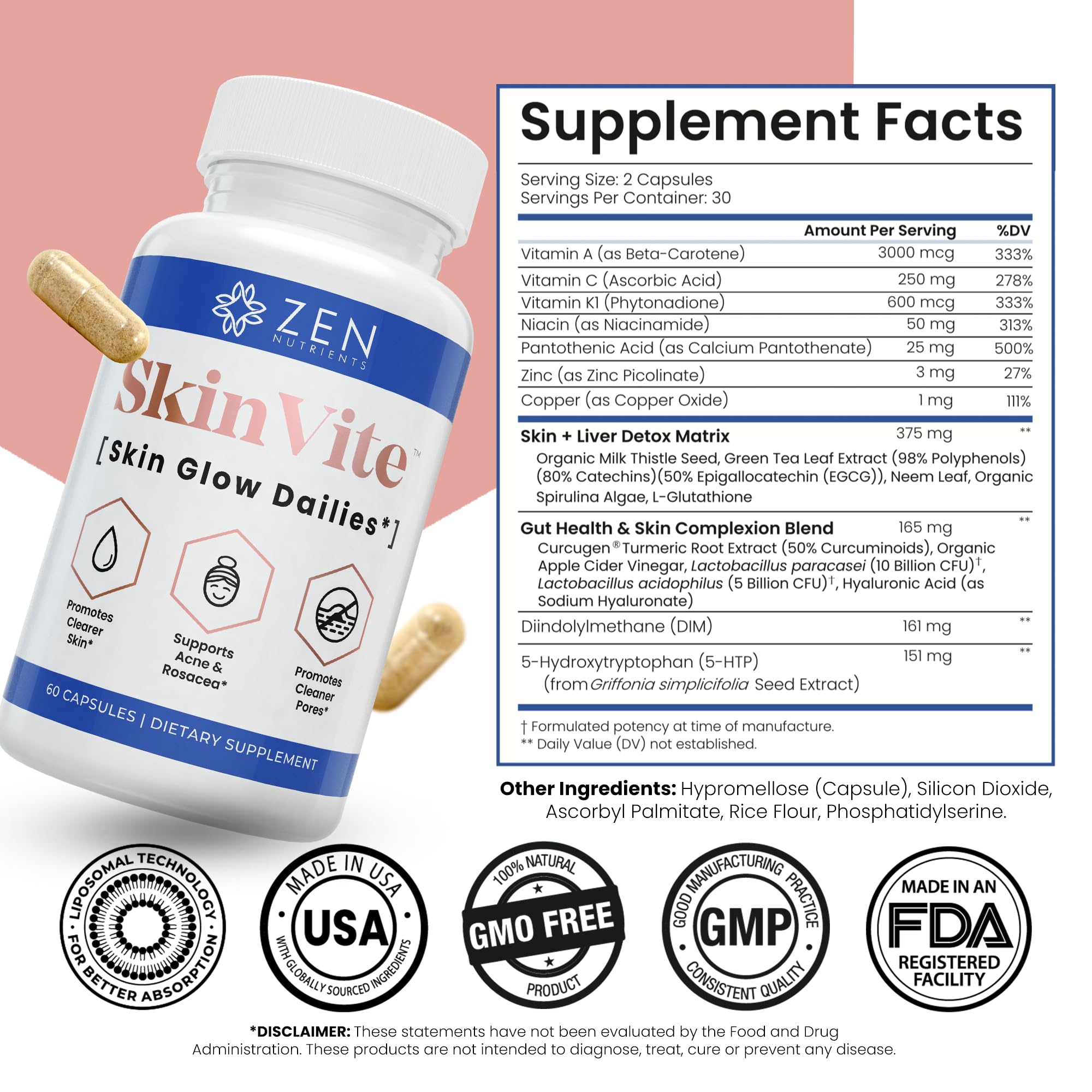 Zen Nutrients SkinVite Natural Skin Supplement for Women, Men & Teens - Hormonal Breakouts & Clear Skin Support Supplement - Detoxifying Vitamin for Acne and Digestion Support Zen Nutrients Au supplements