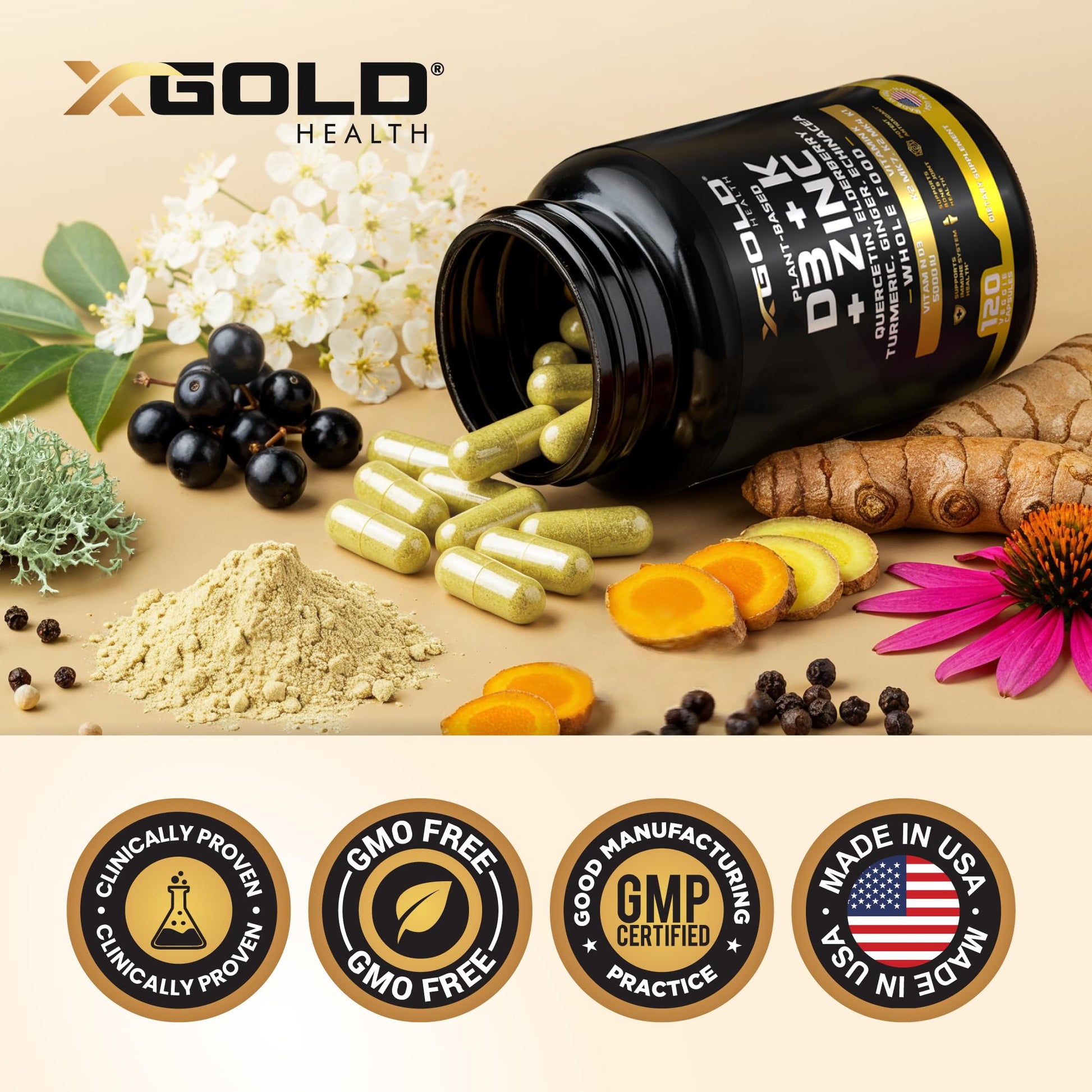Vitamin D, K2, K1, Zinc, Quercetin, Elderberry, Turmeric, Ginger & Echinacea Whole Food Supplement 8 in 1- D3 5000 IU Plant-Based from Lichen, Vitamin K (K2 MK7, MK4, K1), D3 K2 Vitamins -120 Capsules X Gold Health Au supplements