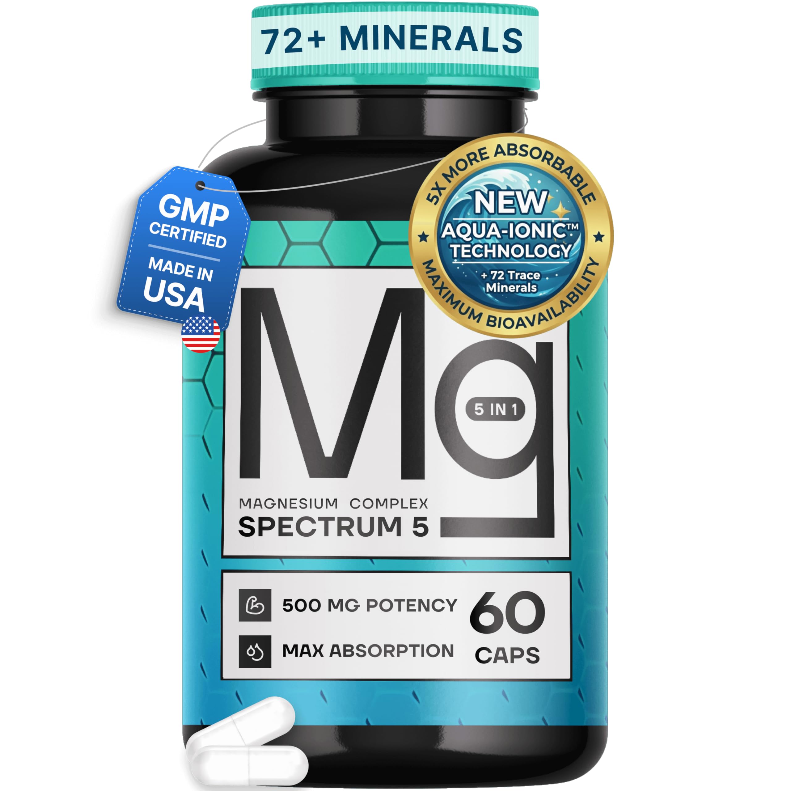 Spectrum 5 Magnesium Complex for Women & Men | Patented Aqua-Ionic® 5X Absorption Technology | 500mg Glycinate, Citrate, Malate + 72 Trace Minerals | Deep Sleep, Leg Cramp Relief & Calm | Non-Laxative SonoHealth Au supplements