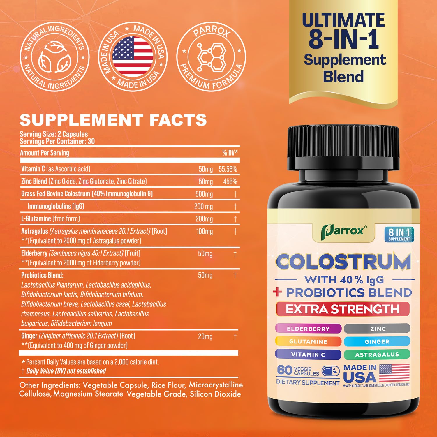 Parrox Colostrum Supplement Capsules, Grass Fed Cow Colostrum with 40% IgG, Probiotics Blend, Elderberry, Astragalus, Zinc, Ginger, Vitamin C, L-Glutamine, 8 in 1 Extra Strength Bovine Boost (60 Caps) Parrox Au supplements