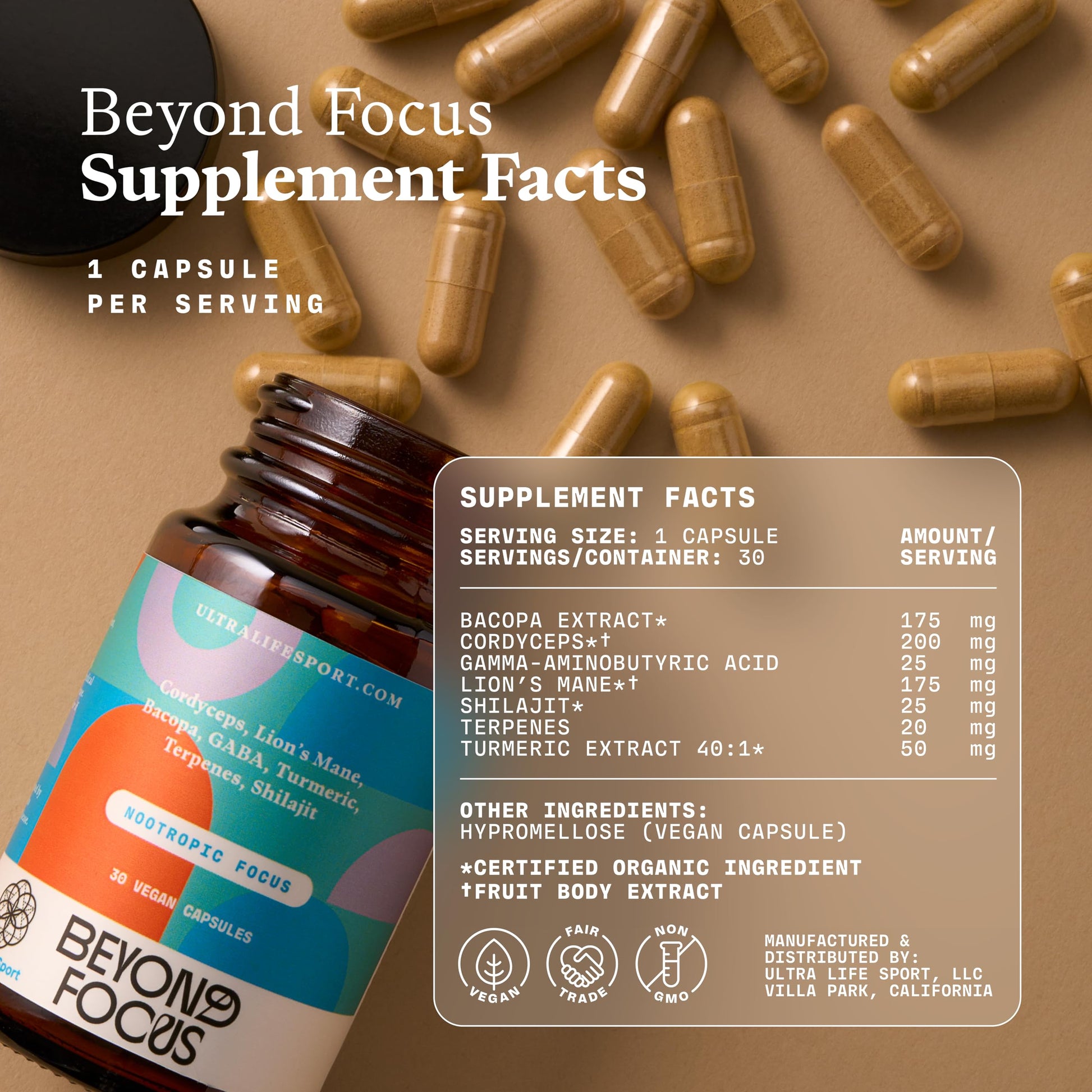 Ultra Life Sport - Beyond Focus Organic Mushroom Supplement - 30 Capsule Brain Supplements for Memory and Focus - 100% Vegan, Non-GMO - Memory Booster with Bacopa, Cordyceps, & Lion’s Mane Ultra Life Sport Au supplements