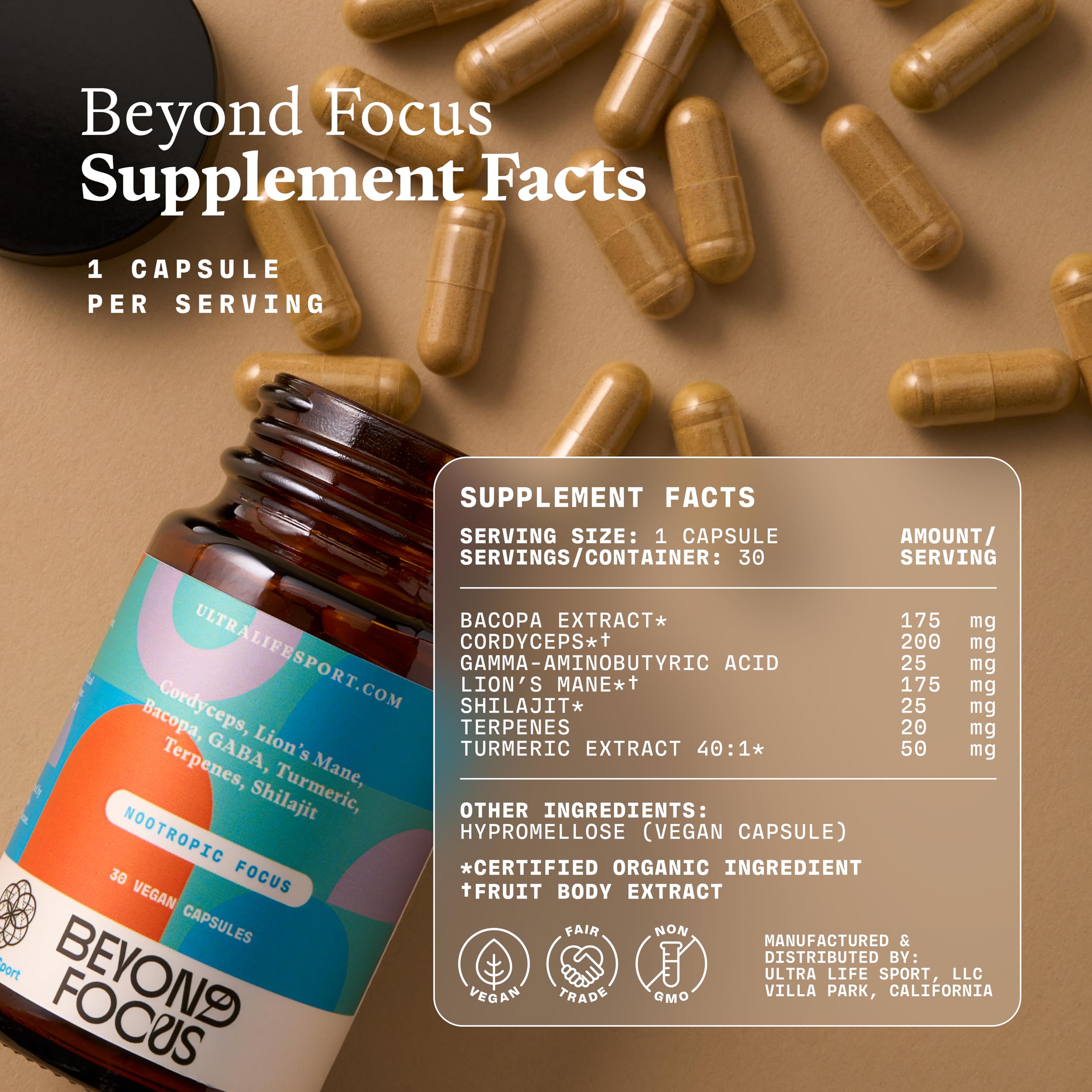 Ultra Life Sport - Beyond Focus Organic Mushroom Supplement - 30 Capsule Brain Supplements for Memory and Focus - 100% Vegan, Non-GMO - Memory Booster with Bacopa, Cordyceps, & Lion’s Mane Ultra Life Sport Au supplements